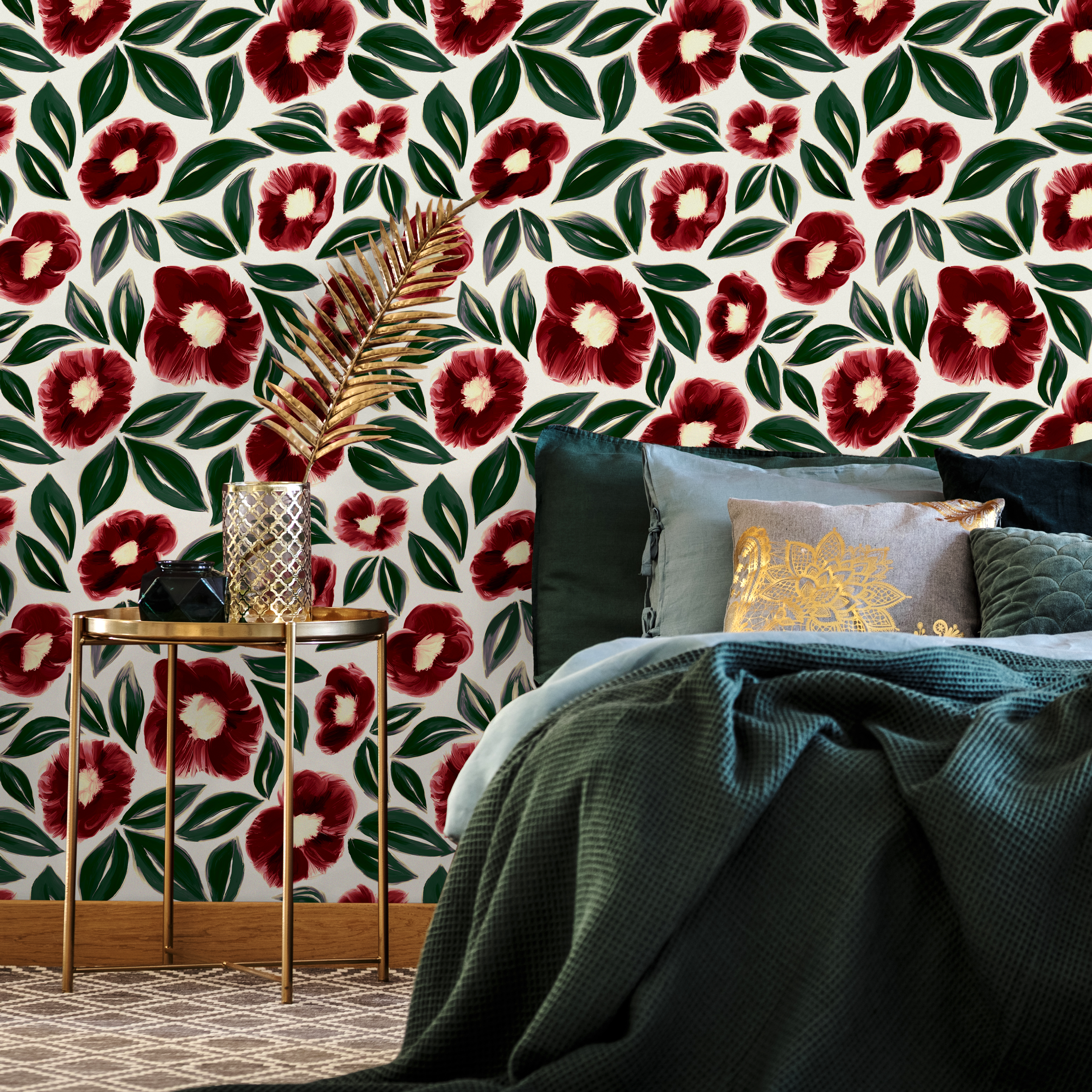 Floral Wallpaper With Painted Anemone Flowers In Red And Green - C443