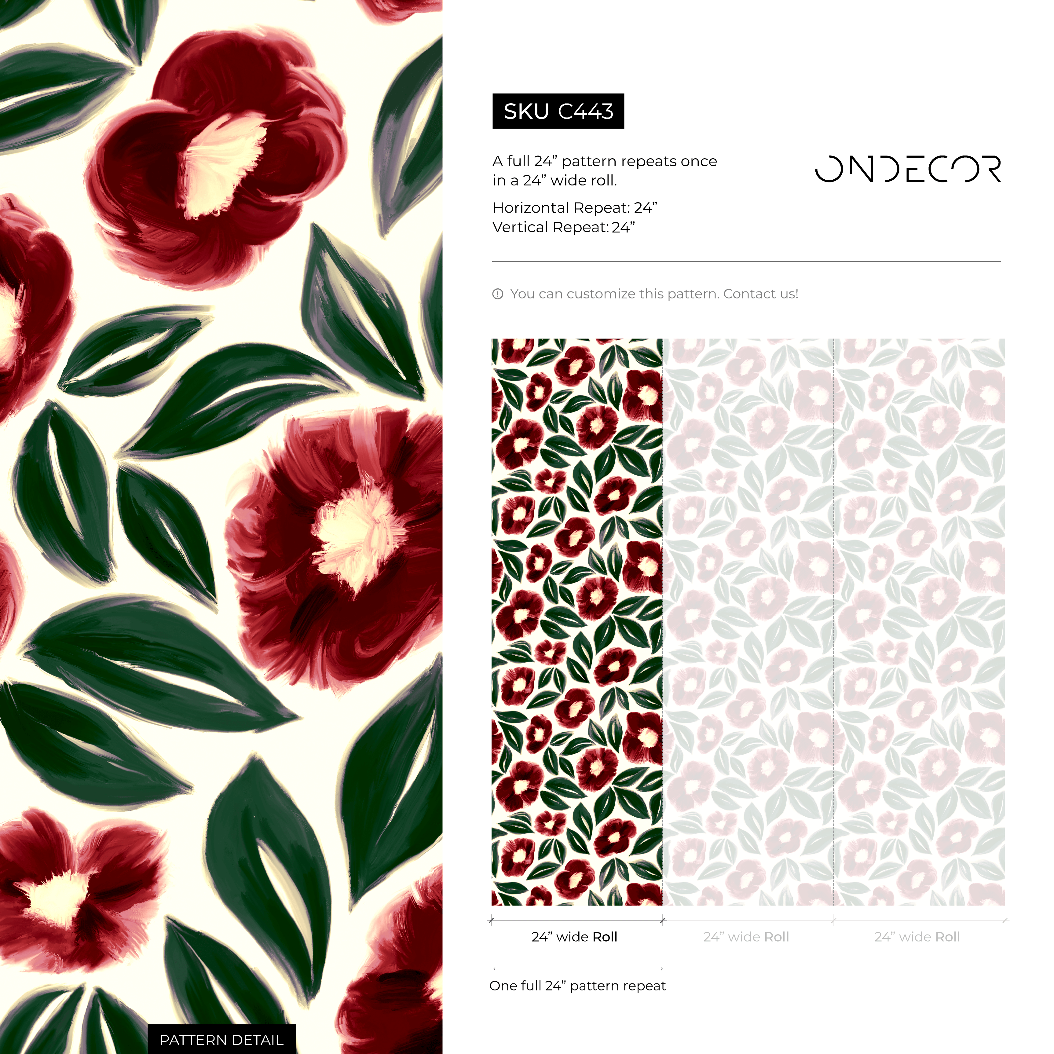 Floral Wallpaper With Painted Anemone Flowers In Red And Green - C443