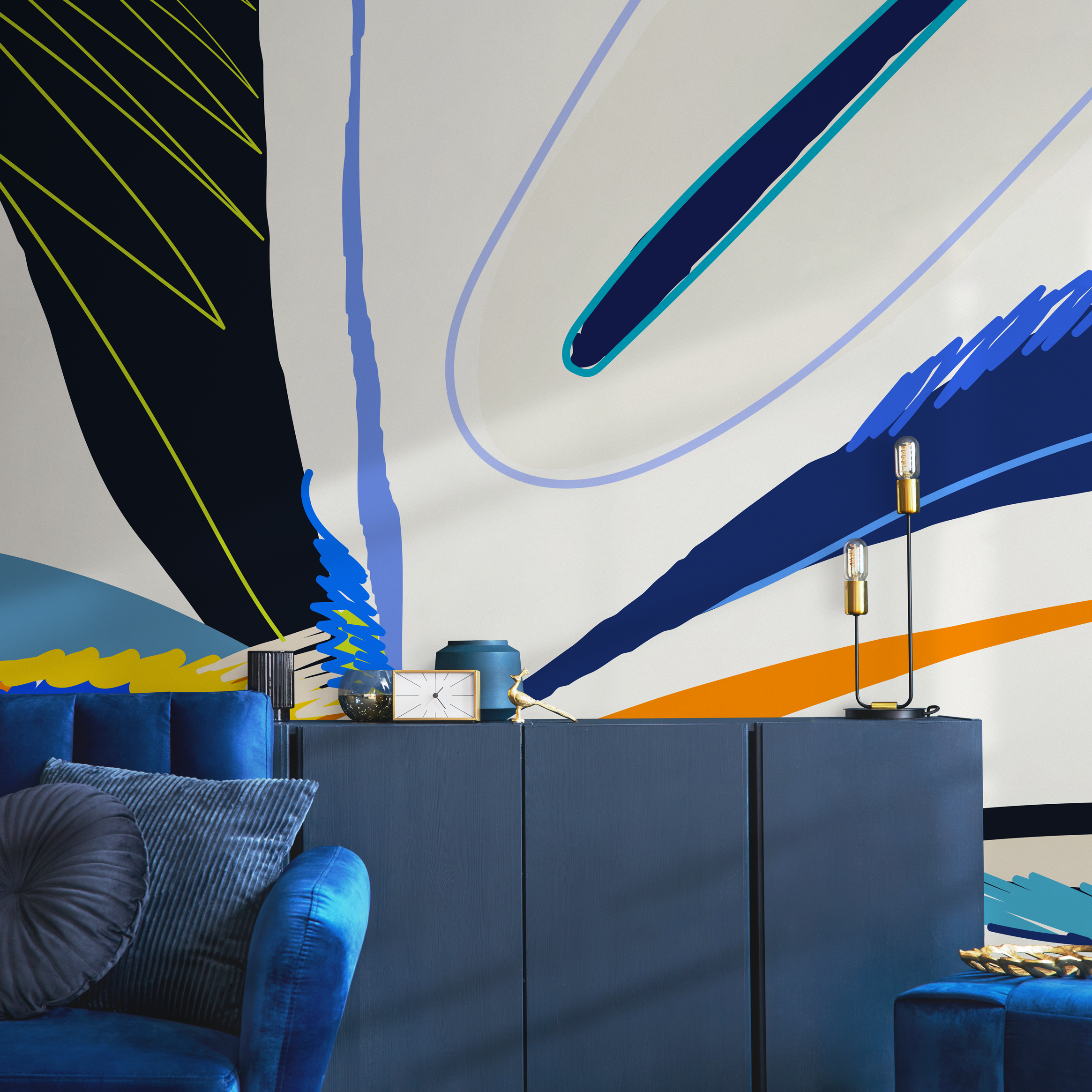 Abstract Wallpaper With Bold Brushstrokes In Blue, Orange, And Black - C447