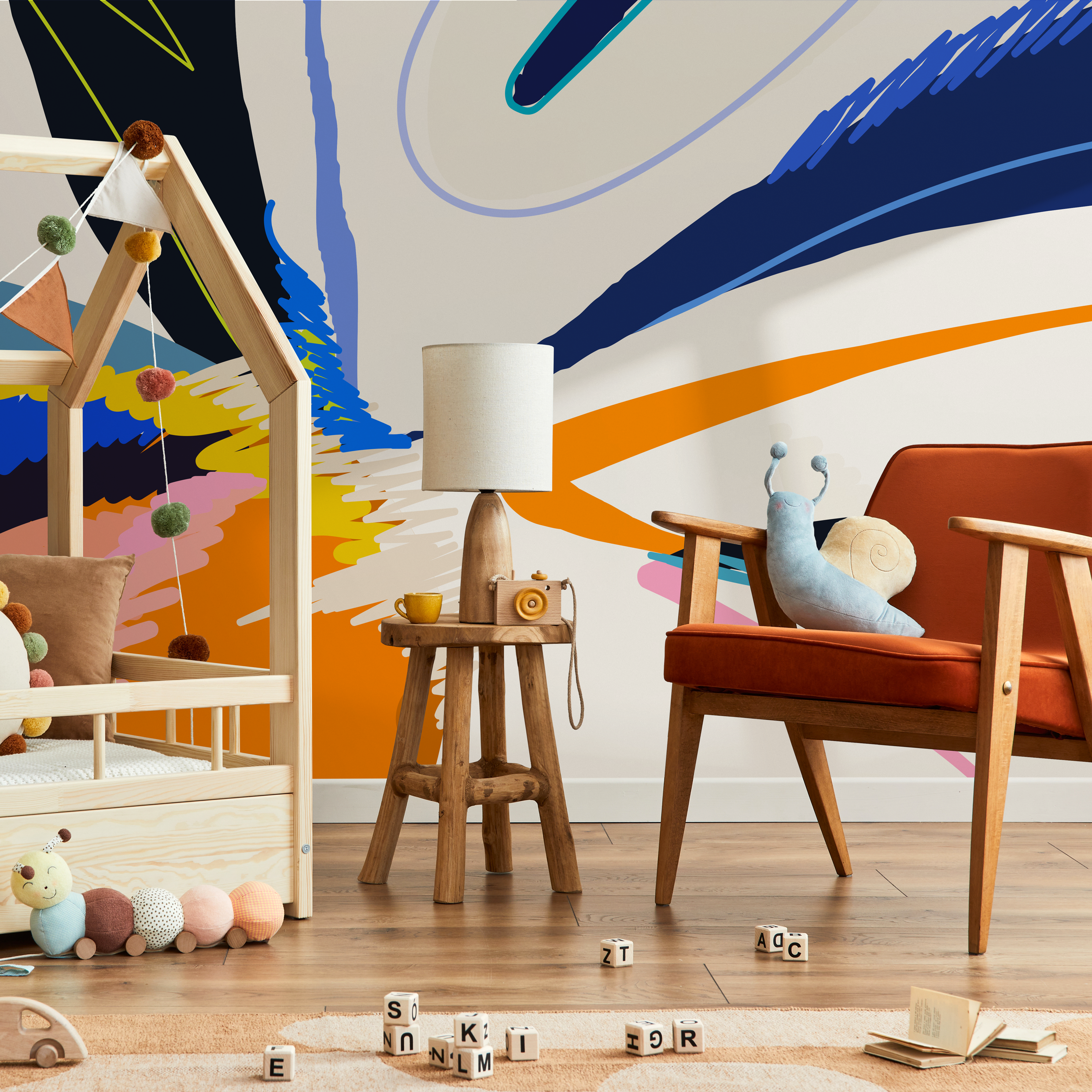 Abstract Wallpaper With Bold Brushstrokes In Blue, Orange, And Black - C447