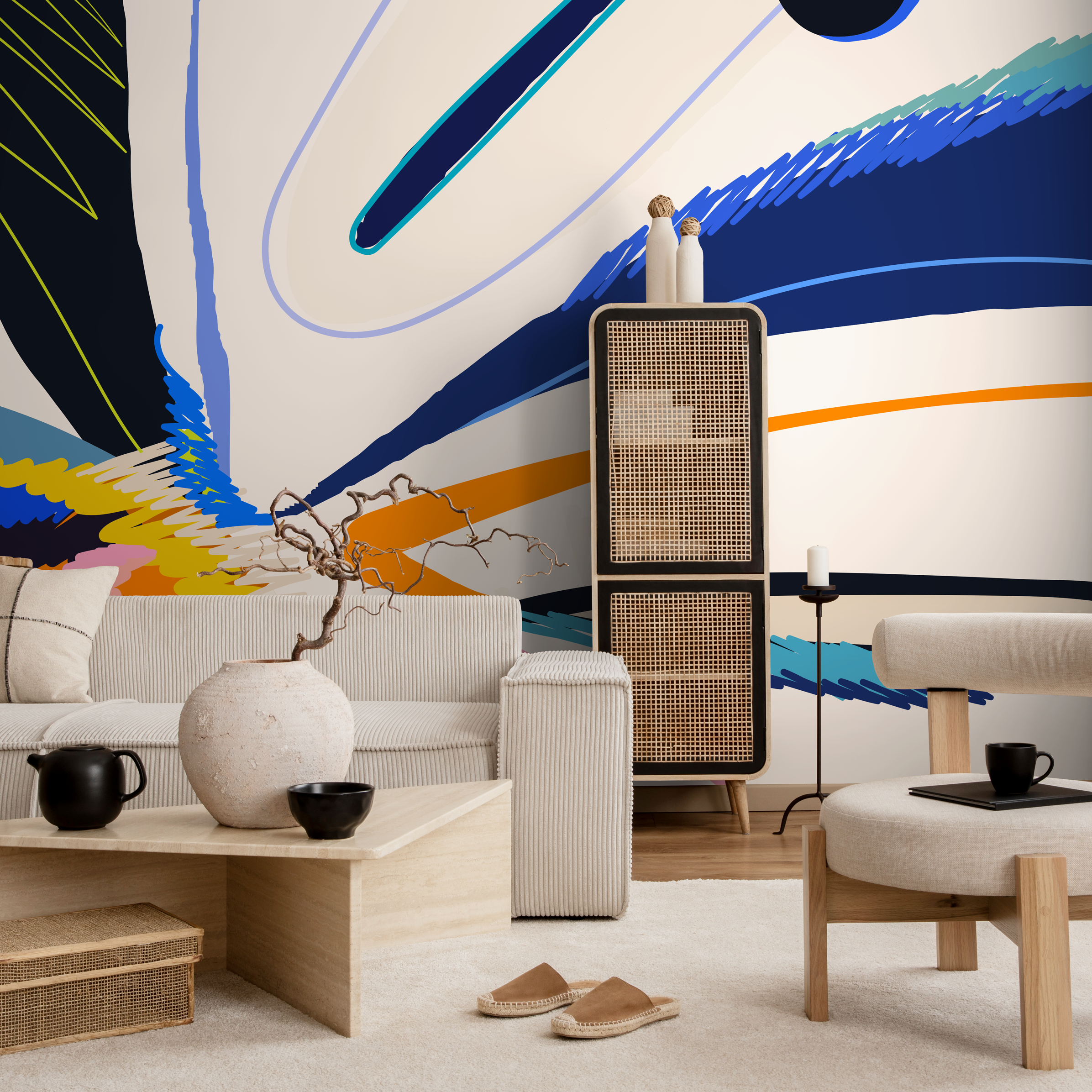 Abstract Wallpaper With Bold Brushstrokes In Blue, Orange, And Black - C447