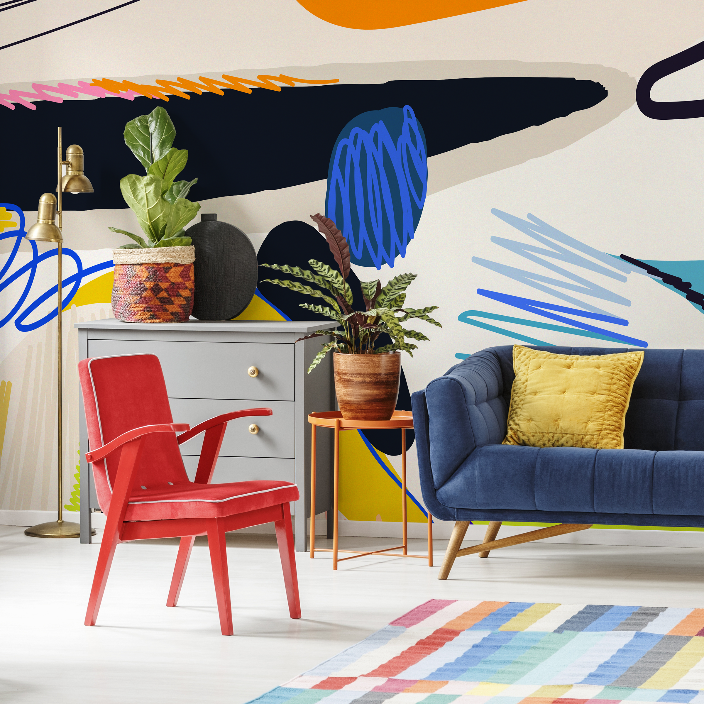 Abstract Wallpaper With Bold Shapes And Scribbles In Blue, Orange, And Yellow - C448