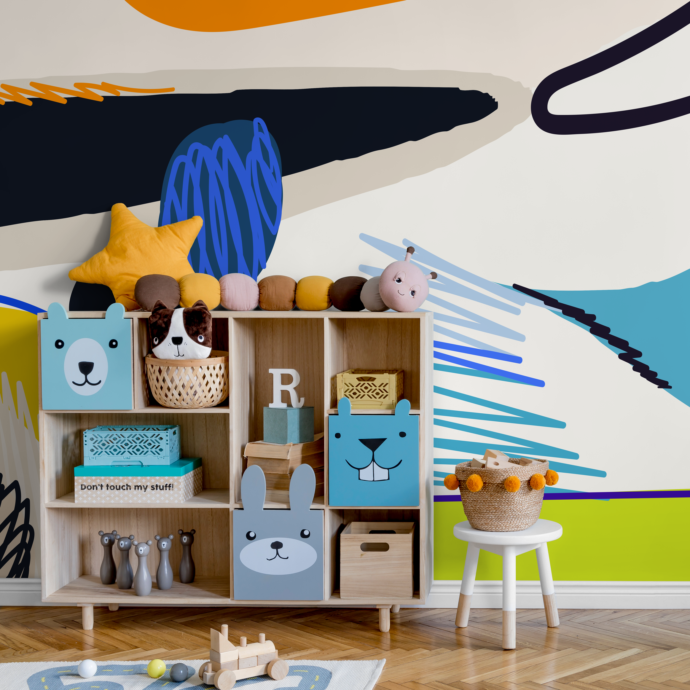 Abstract Wallpaper With Bold Shapes And Scribbles In Blue, Orange, And Yellow - C448