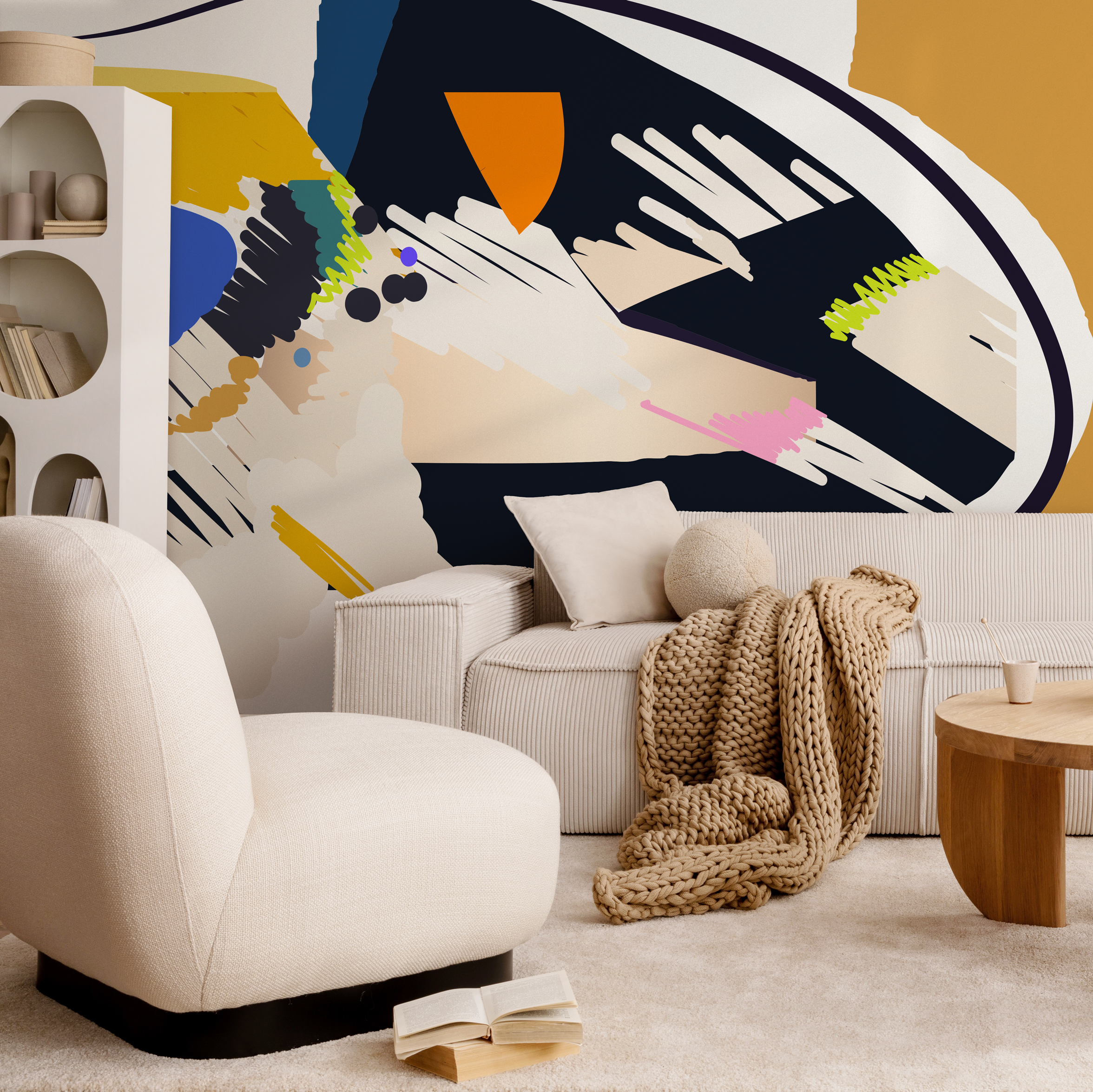 Abstract Wallpaper With Bold Brush Strokes In Blue, Yellow, And Orange - C449