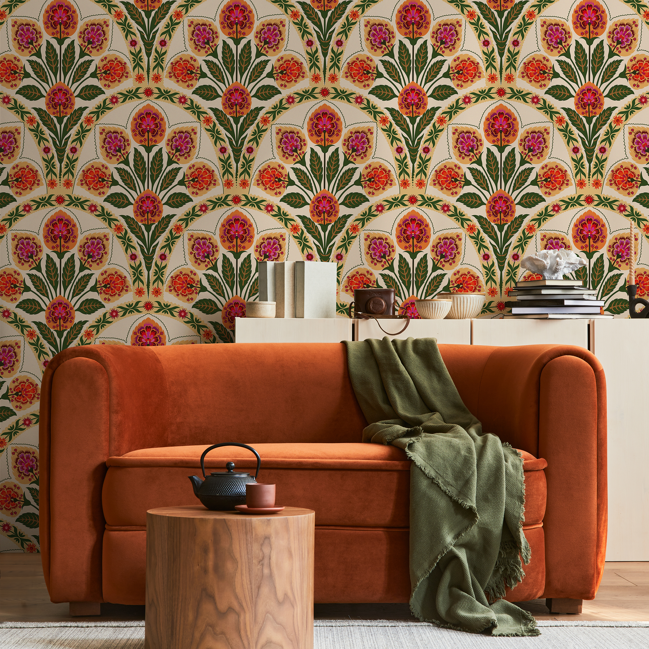 Art Nouveau Wallpaper With Stylized Florals In Green, Orange, And Pink - C452