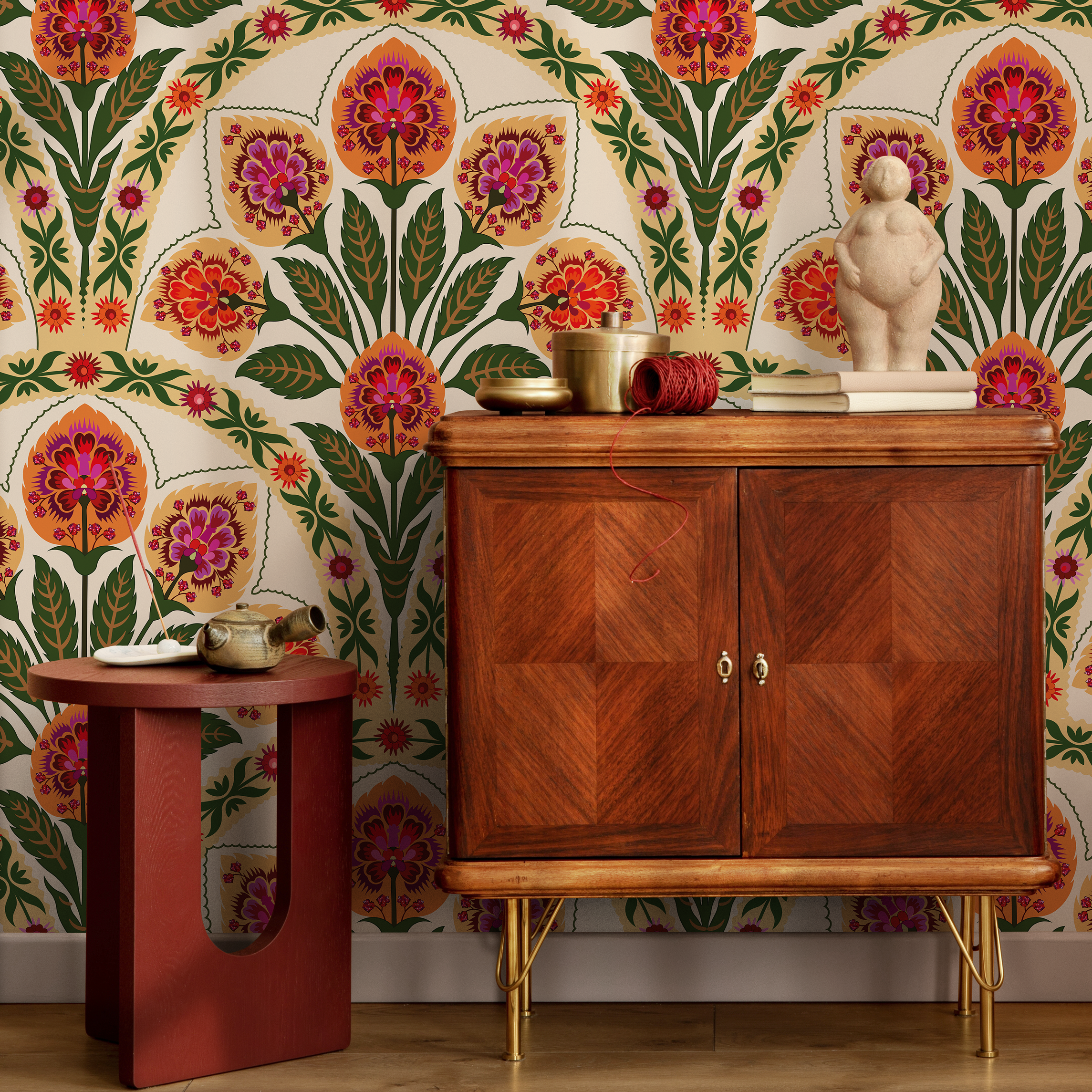 Art Nouveau Wallpaper With Stylized Florals In Green, Orange, And Pink - C452