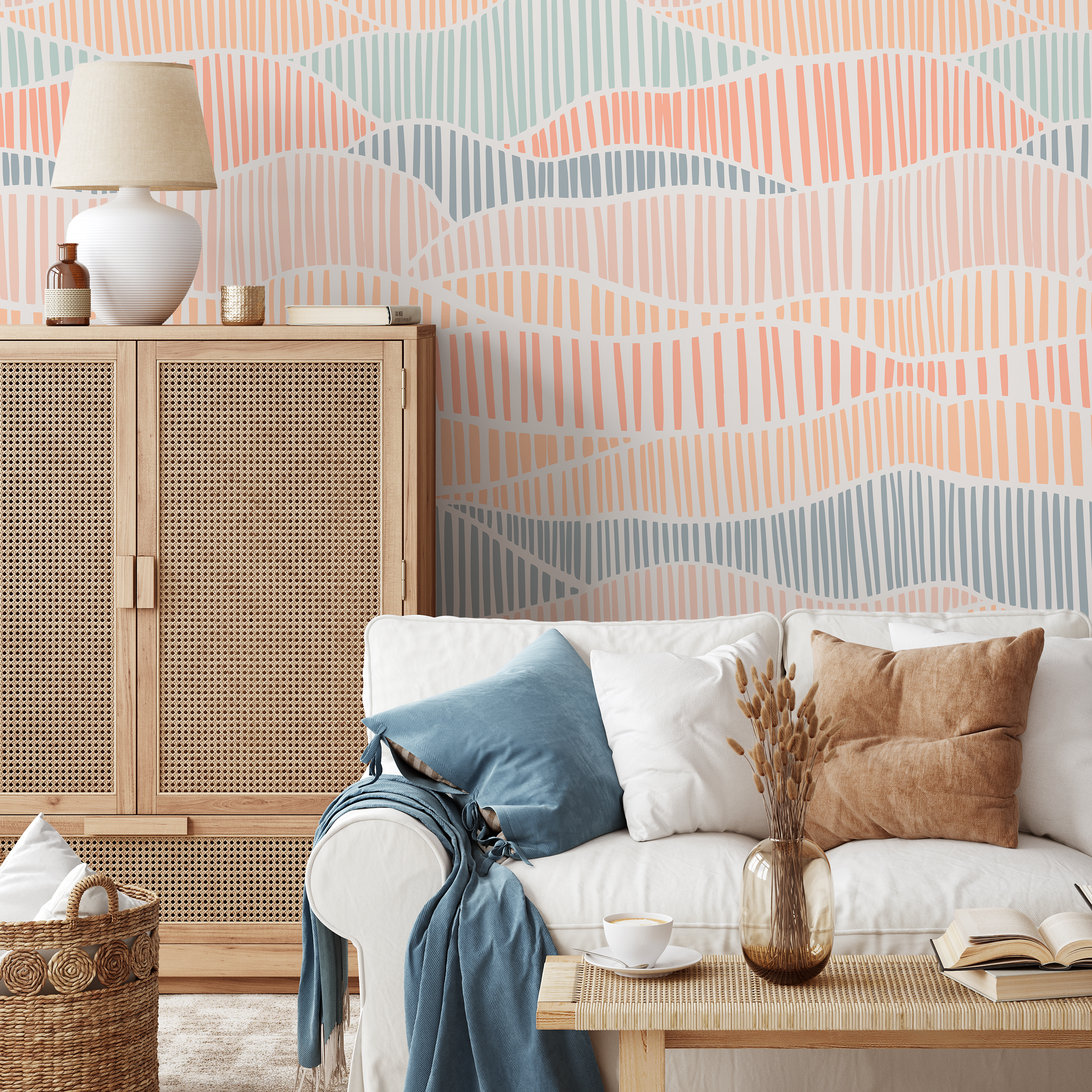 Abstract Wallpaper With Wavy Hand-drawn Lines In Blue And Pink - C453