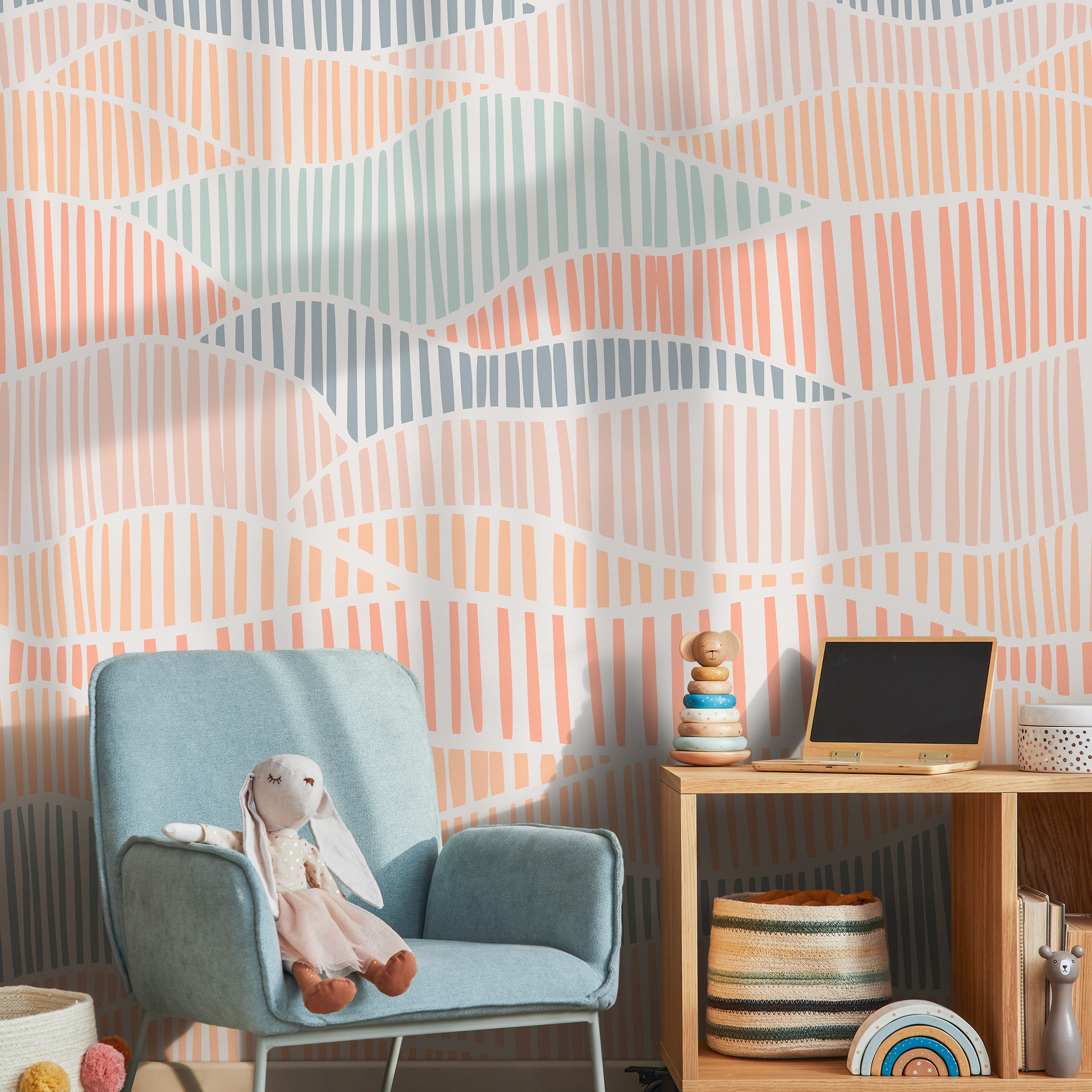 Abstract Wallpaper With Wavy Hand-drawn Lines In Blue And Pink - C453