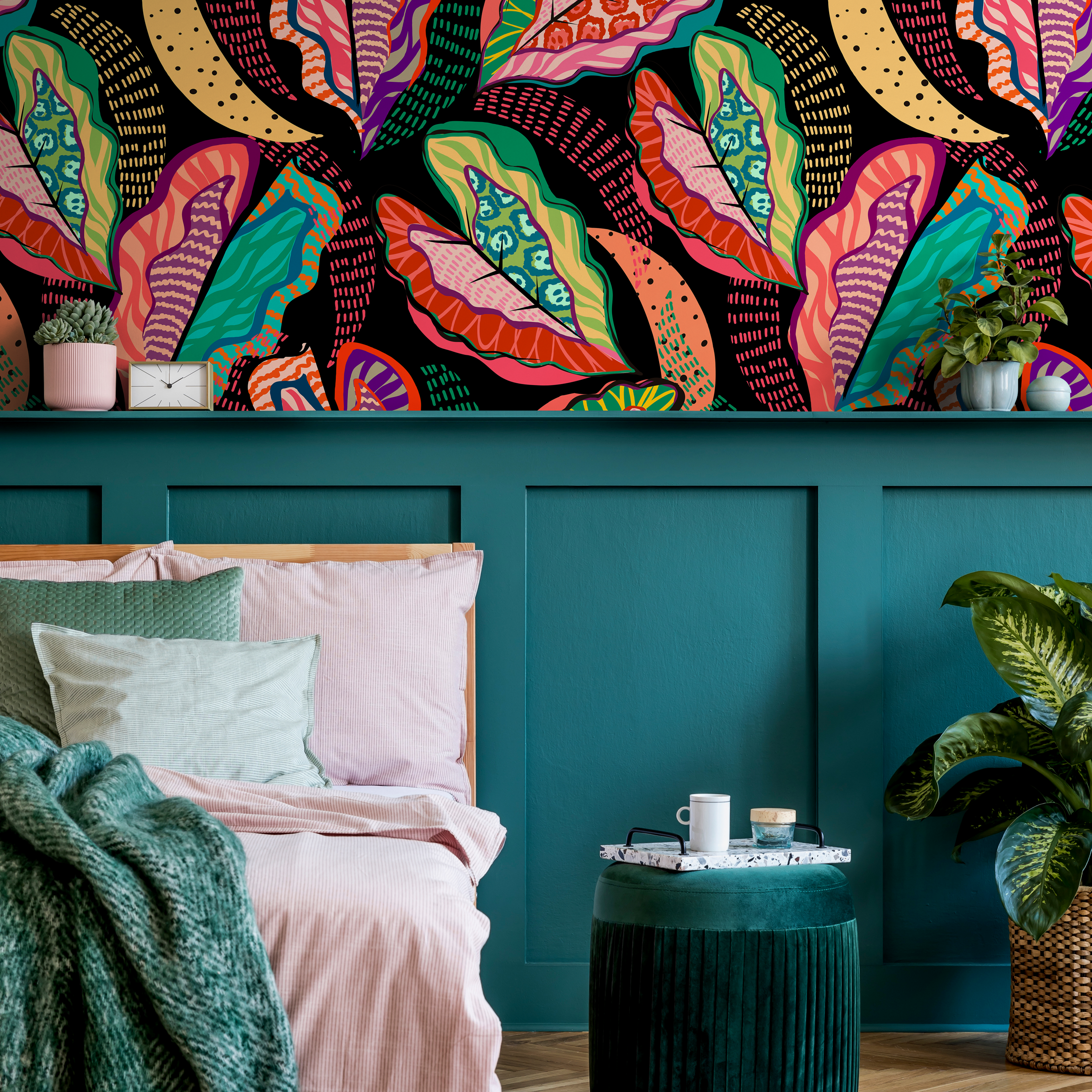Abstract Wallpaper With Bold Patterned Leaves In Pink, Teal, And Orange - C454