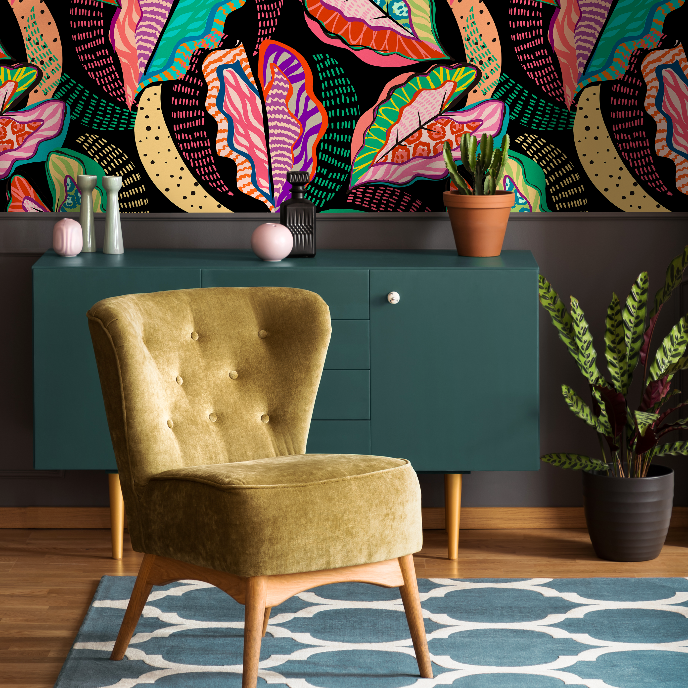 Abstract Wallpaper With Bold Patterned Leaves In Pink, Teal, And Orange - C454