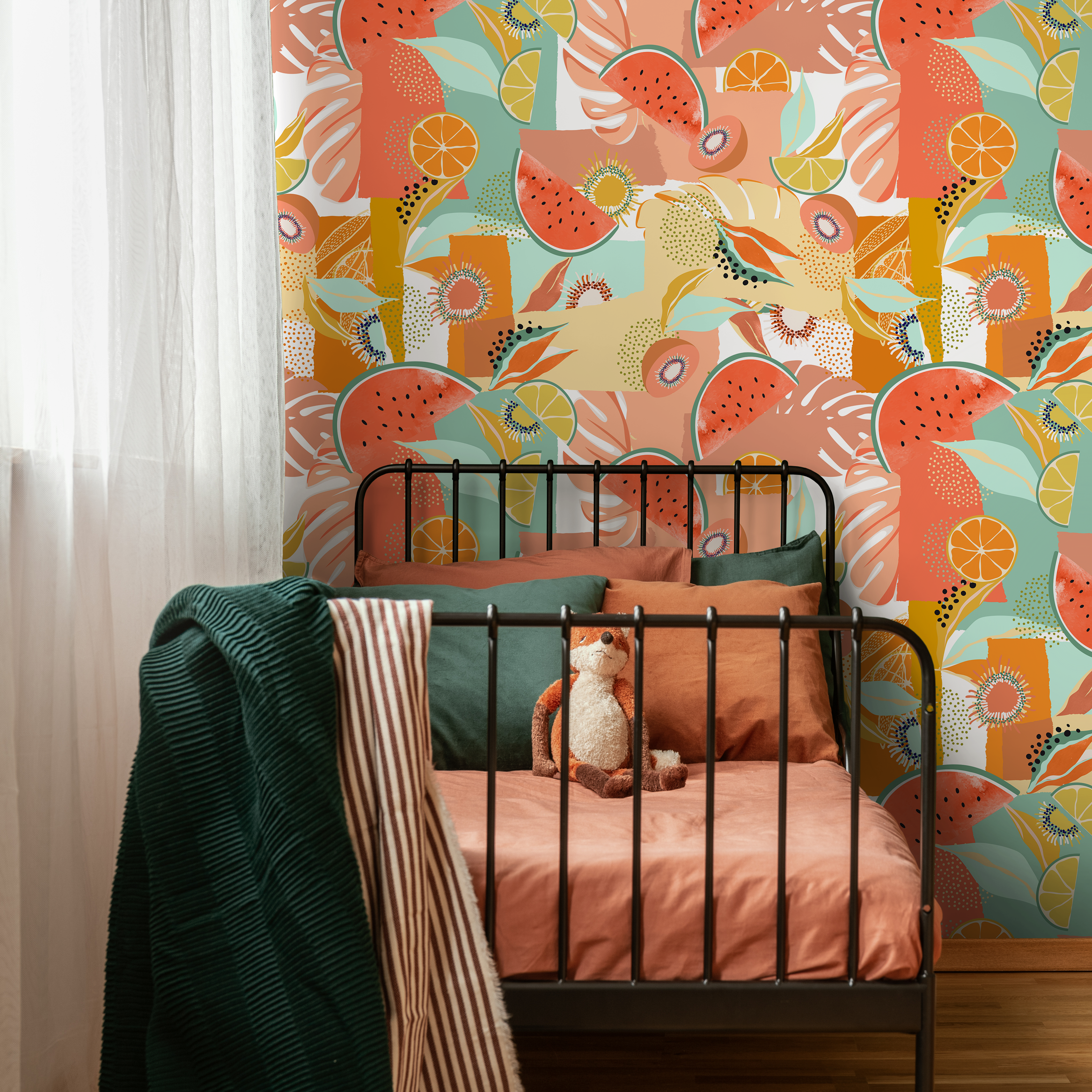 Abstract Wallpaper Featuring A Collage Of Tropical Fruits In Coral, Green, And Yellow - C456
