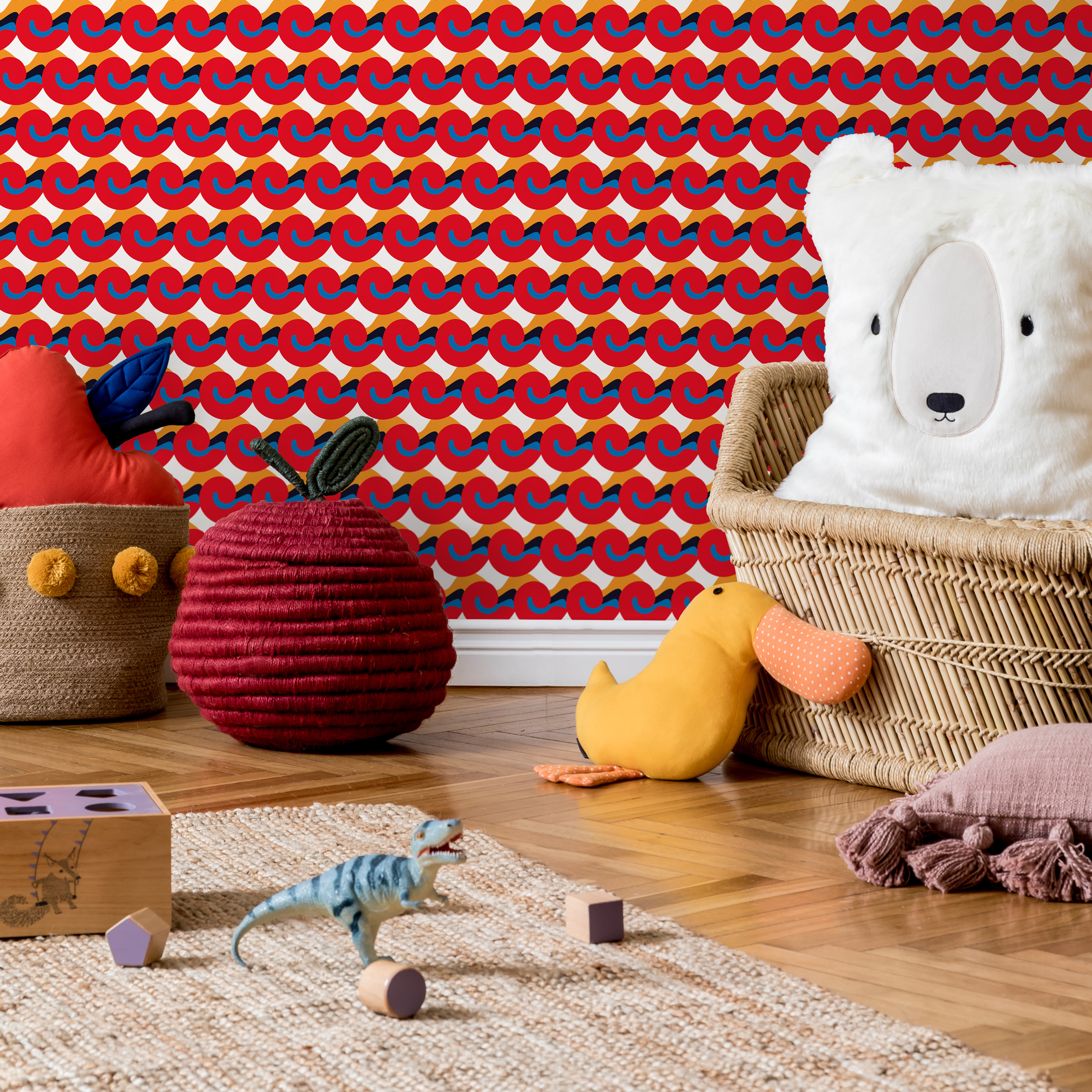 Geometric Wallpaper With Abstract Curved Shapes In Red, Blue, And Gold - C458