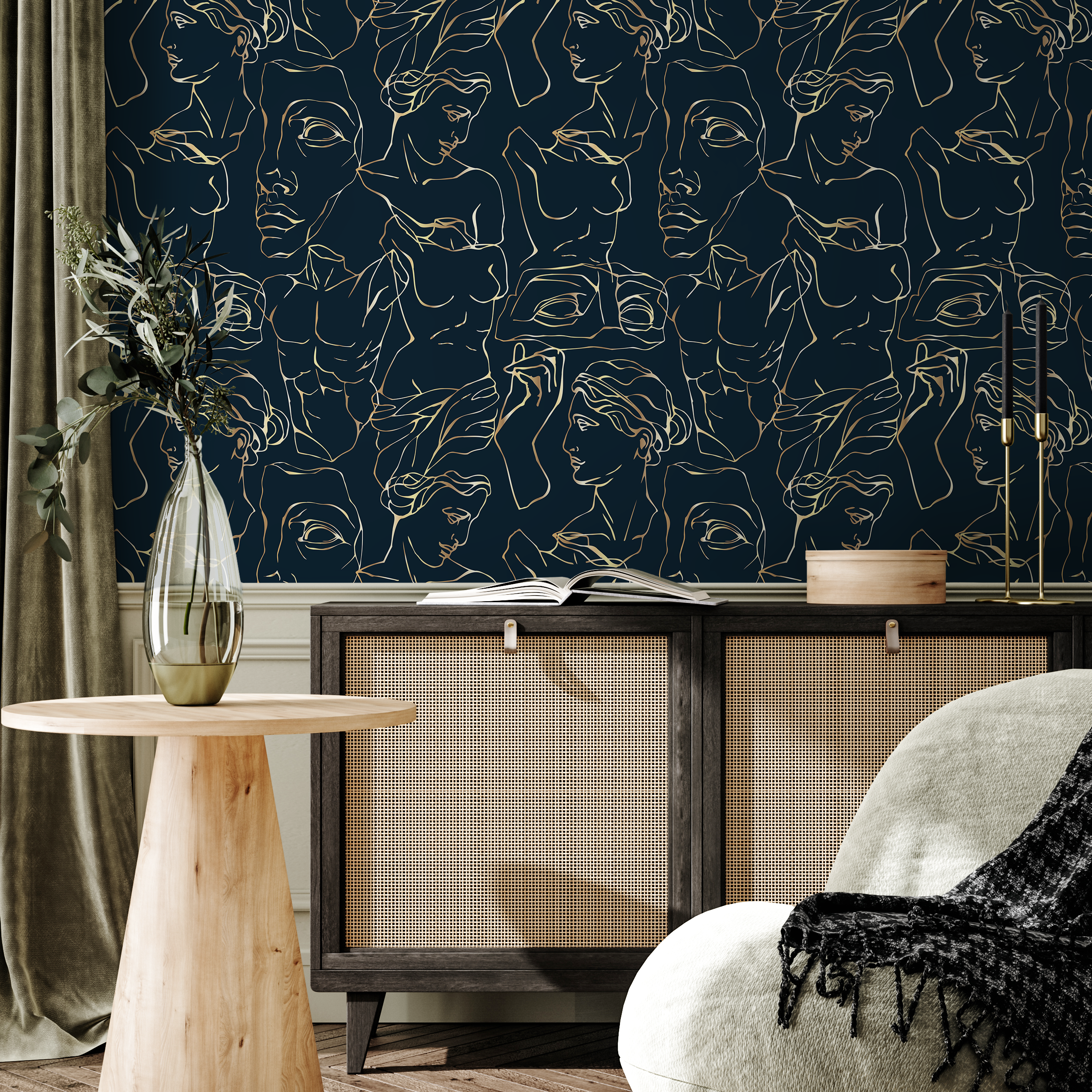 Line Art Wallpaper With Classical Greek Figures In Navy And Gold - C459