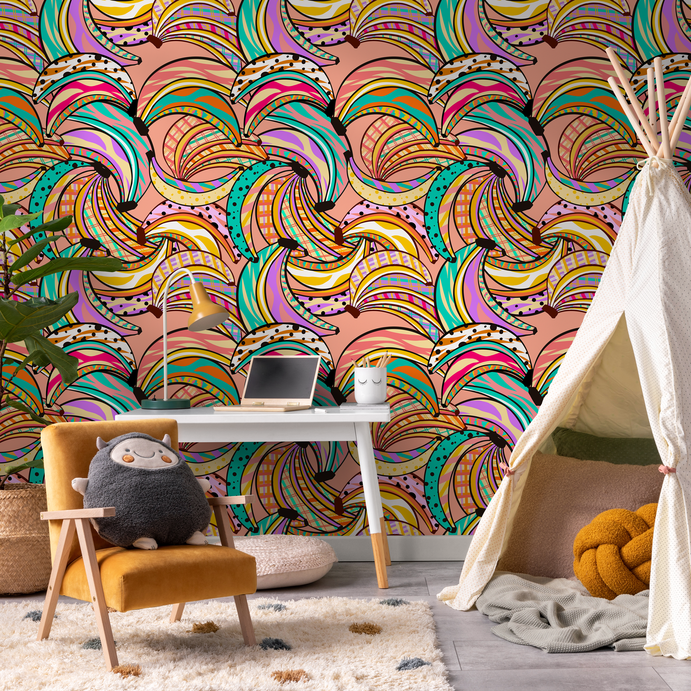 Abstract Wallpaper With A Graphic Banana Motif In Pink, Yellow, And Turquoise - C460