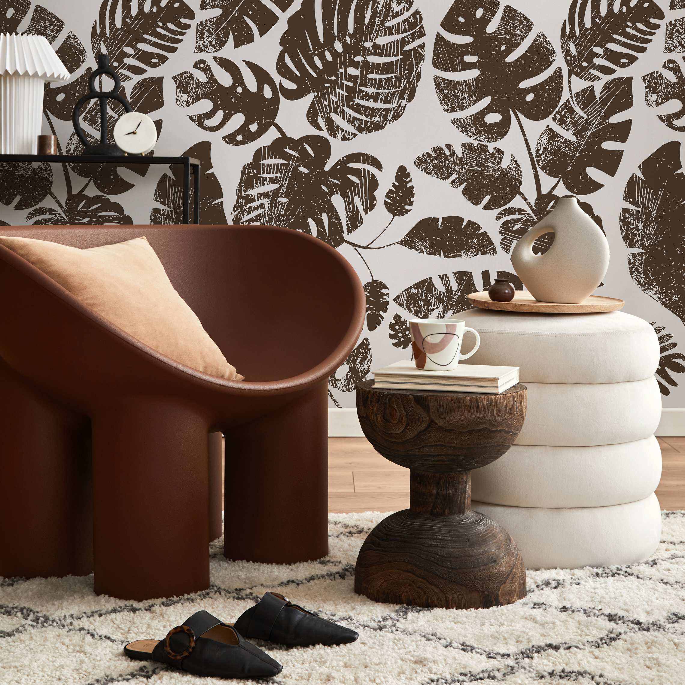 Botanical Wallpaper With Distressed Monstera Leaves In Brown - C462