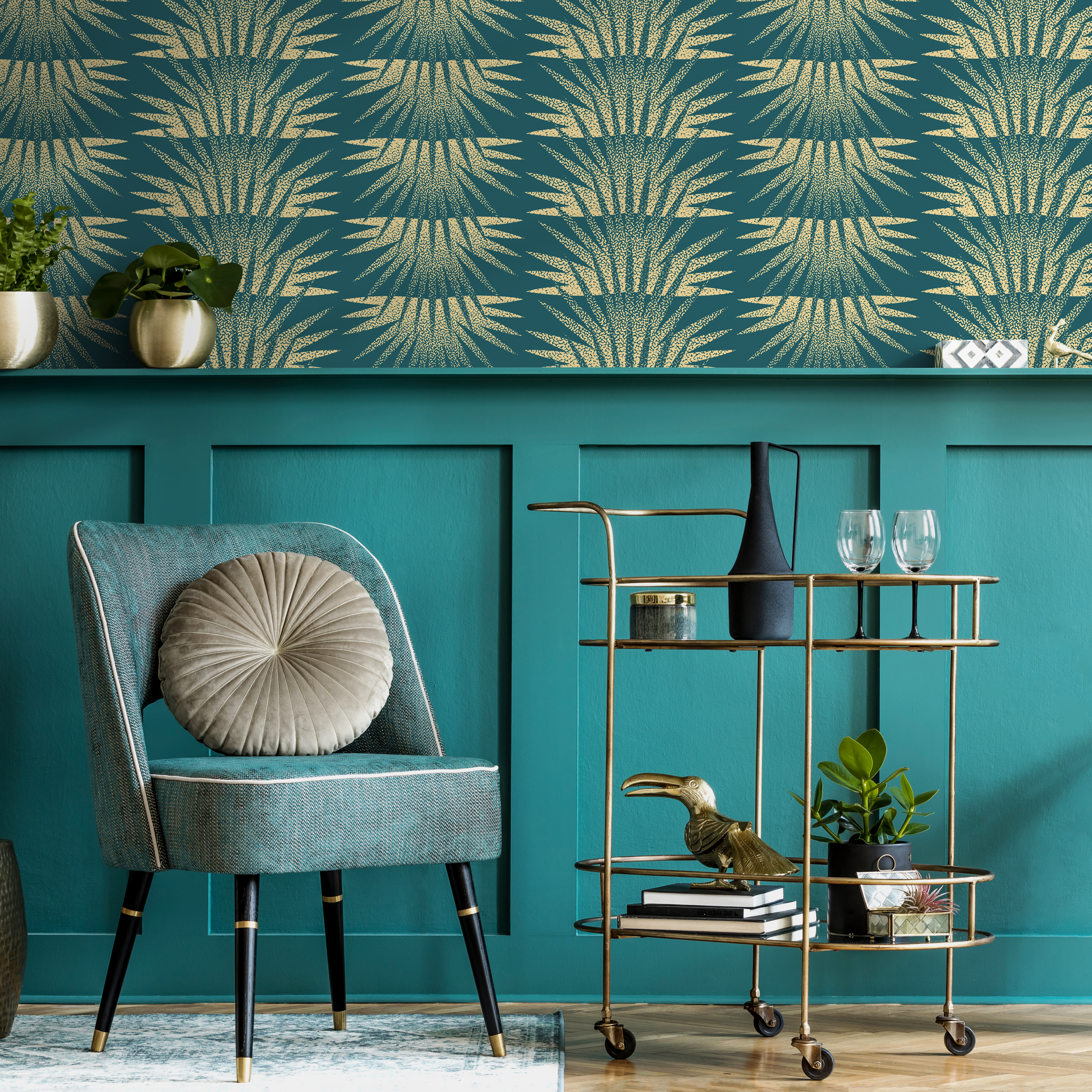 Art Deco Wallpaper With A Stippled Sunburst Motif In Teal And Gold - C463