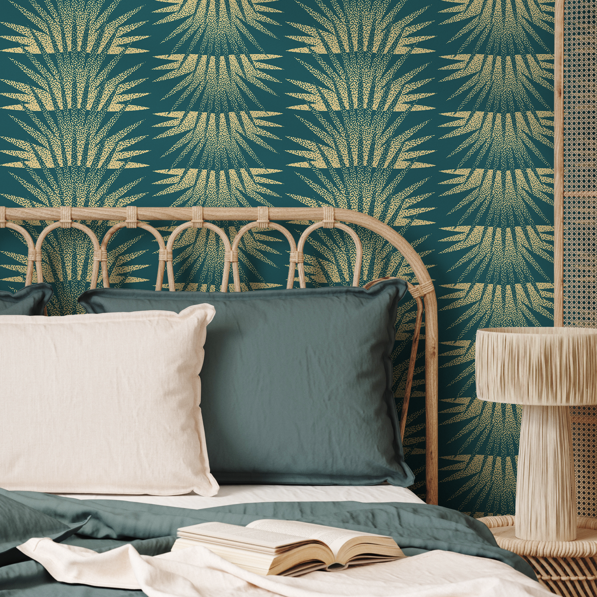 Art Deco Wallpaper With A Stippled Sunburst Motif In Teal And Gold - C463