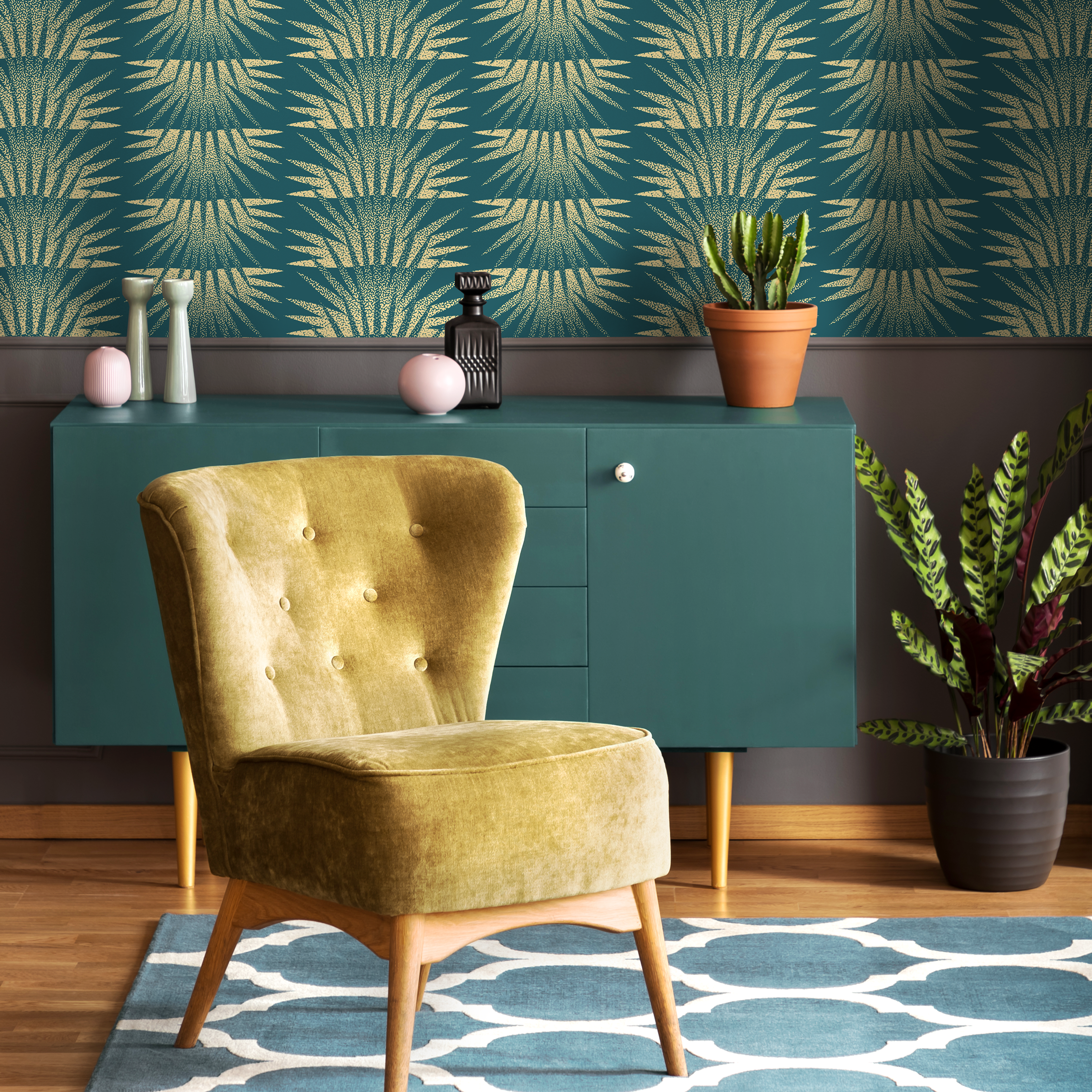 Art Deco Wallpaper With A Stippled Sunburst Motif In Teal And Gold - C463