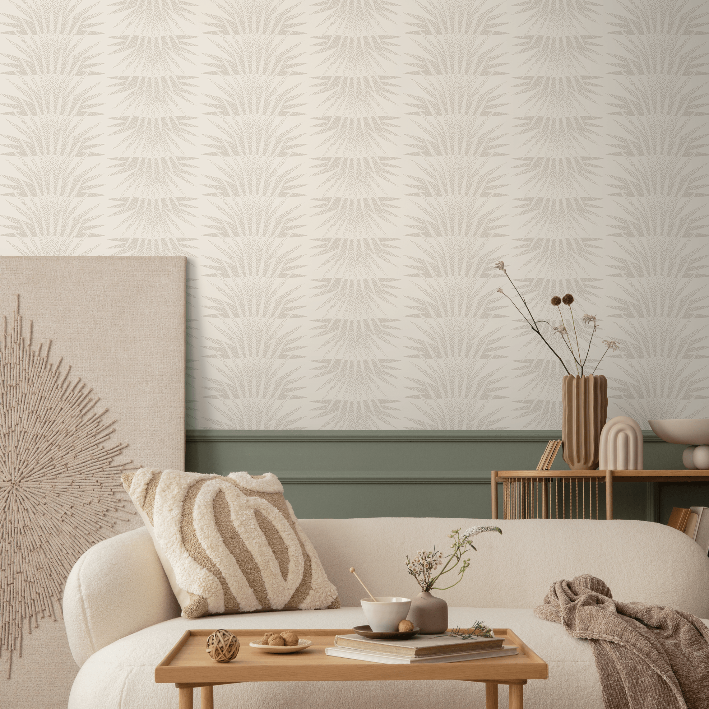 Art Deco Wallpaper With A Stylized Sunburst Motif In Beige And Cream - C464
