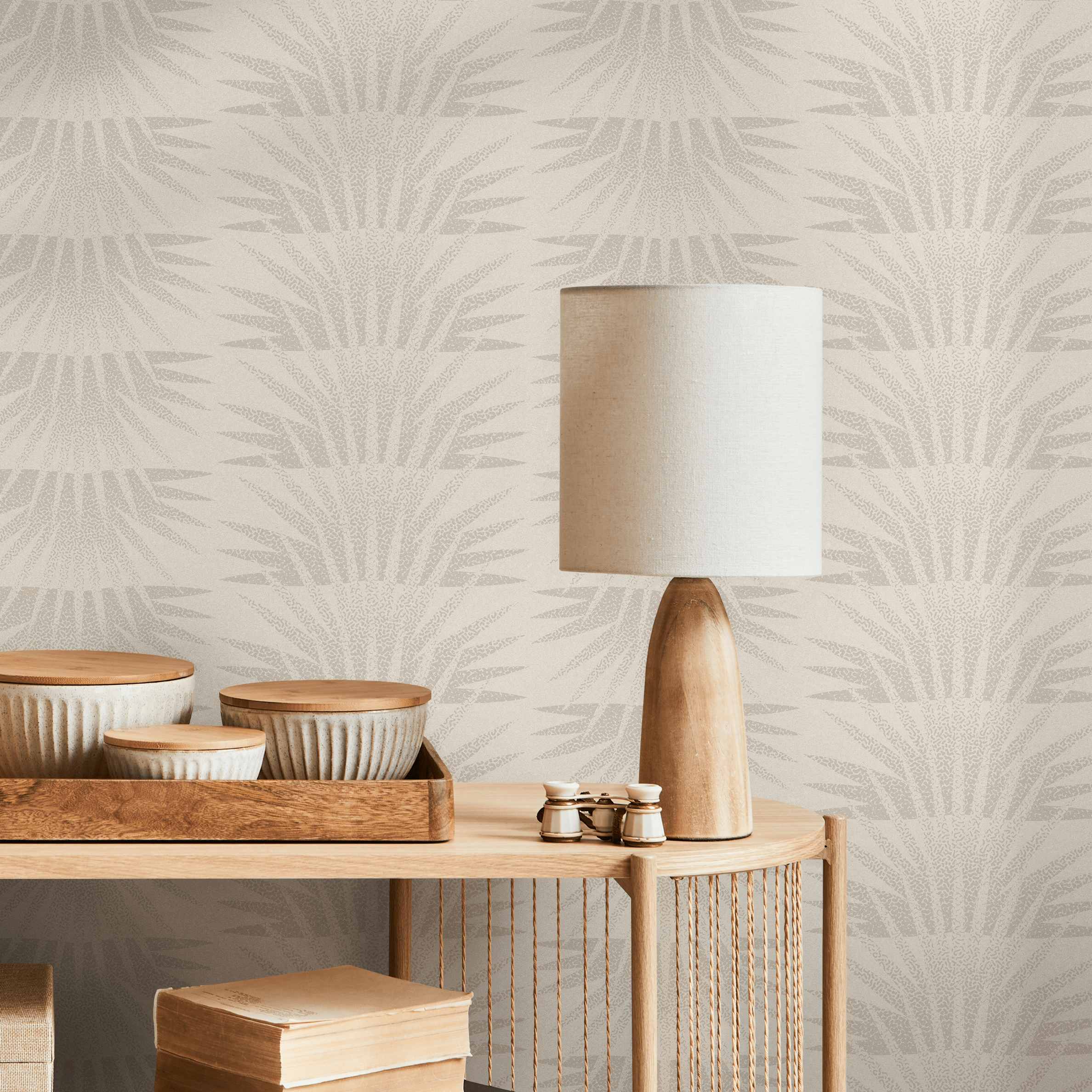 Art Deco Wallpaper With A Stylized Sunburst Motif In Beige And Cream - C464