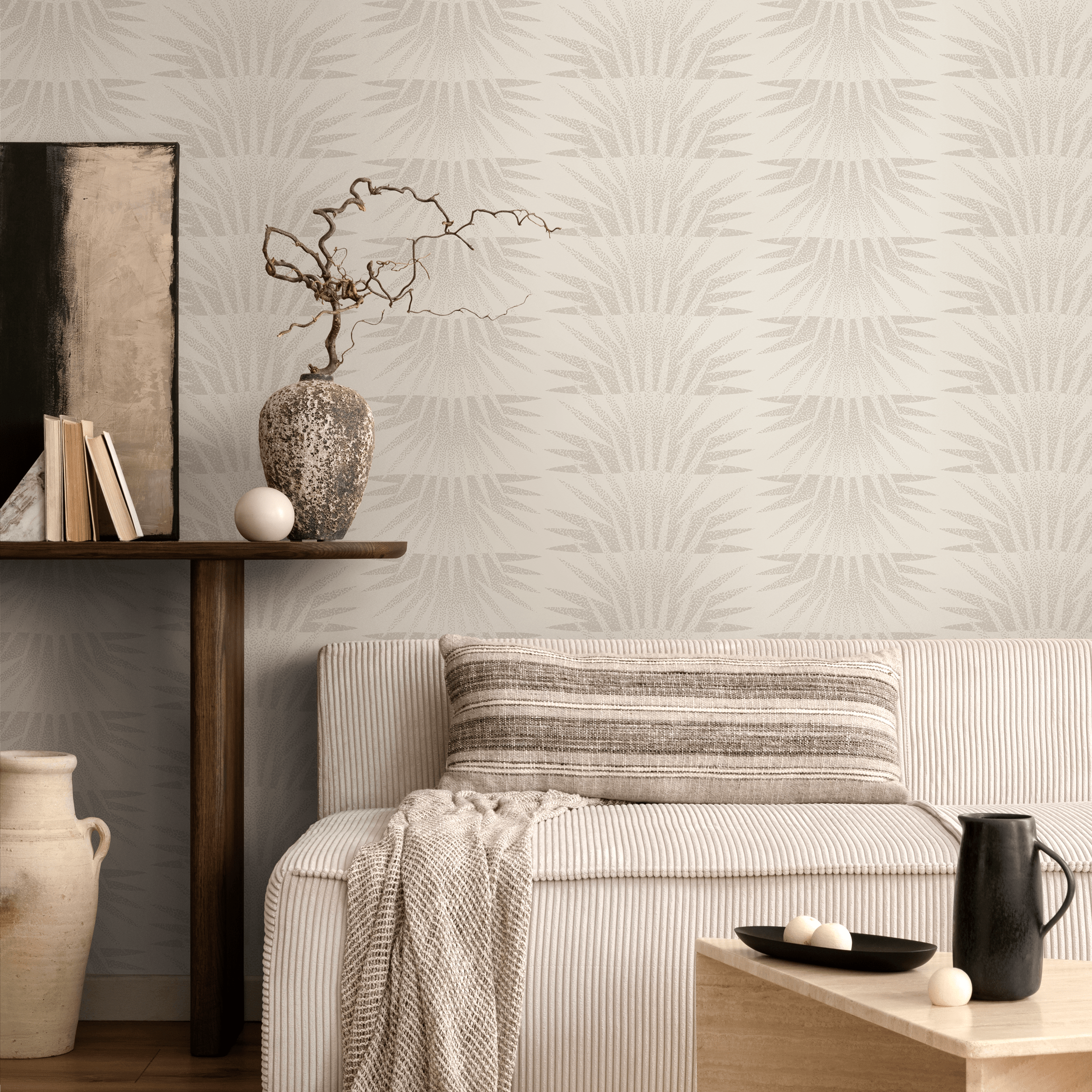 Art Deco Wallpaper With A Stylized Sunburst Motif In Beige And Cream - C464