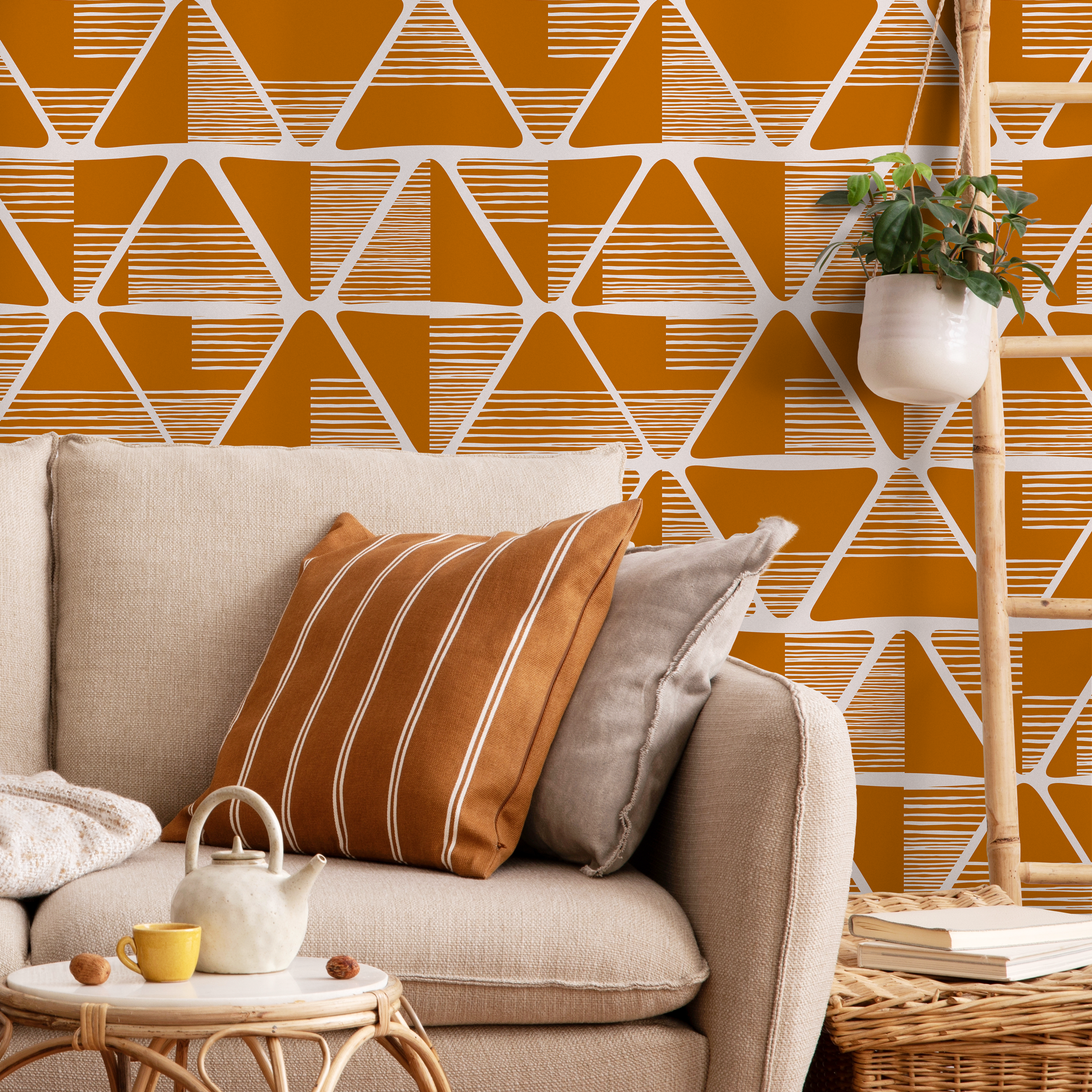 Geometric Wallpaper With Hand-drawn Triangles In Orange And White - C466