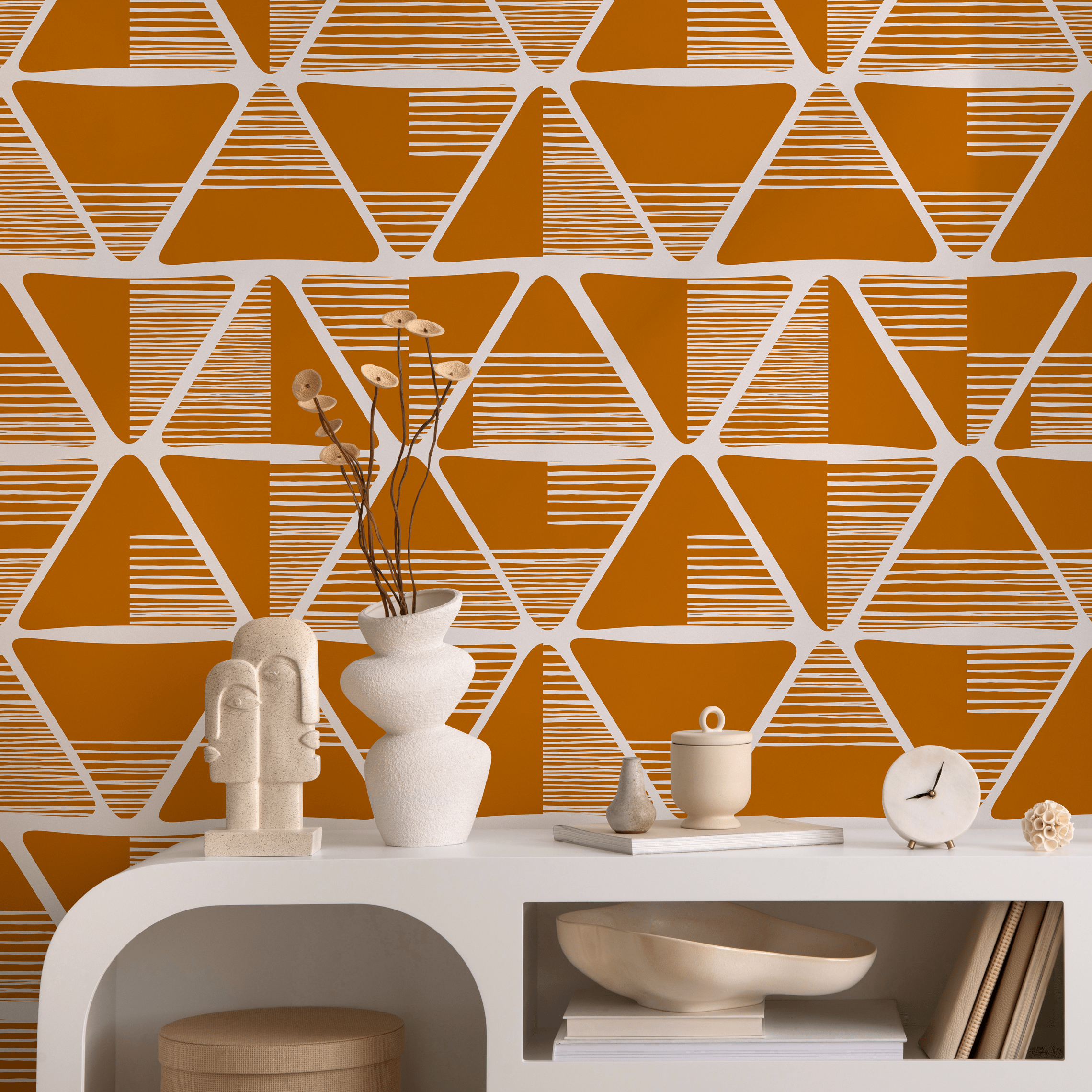Geometric Wallpaper With Hand-drawn Triangles In Orange And White - C466