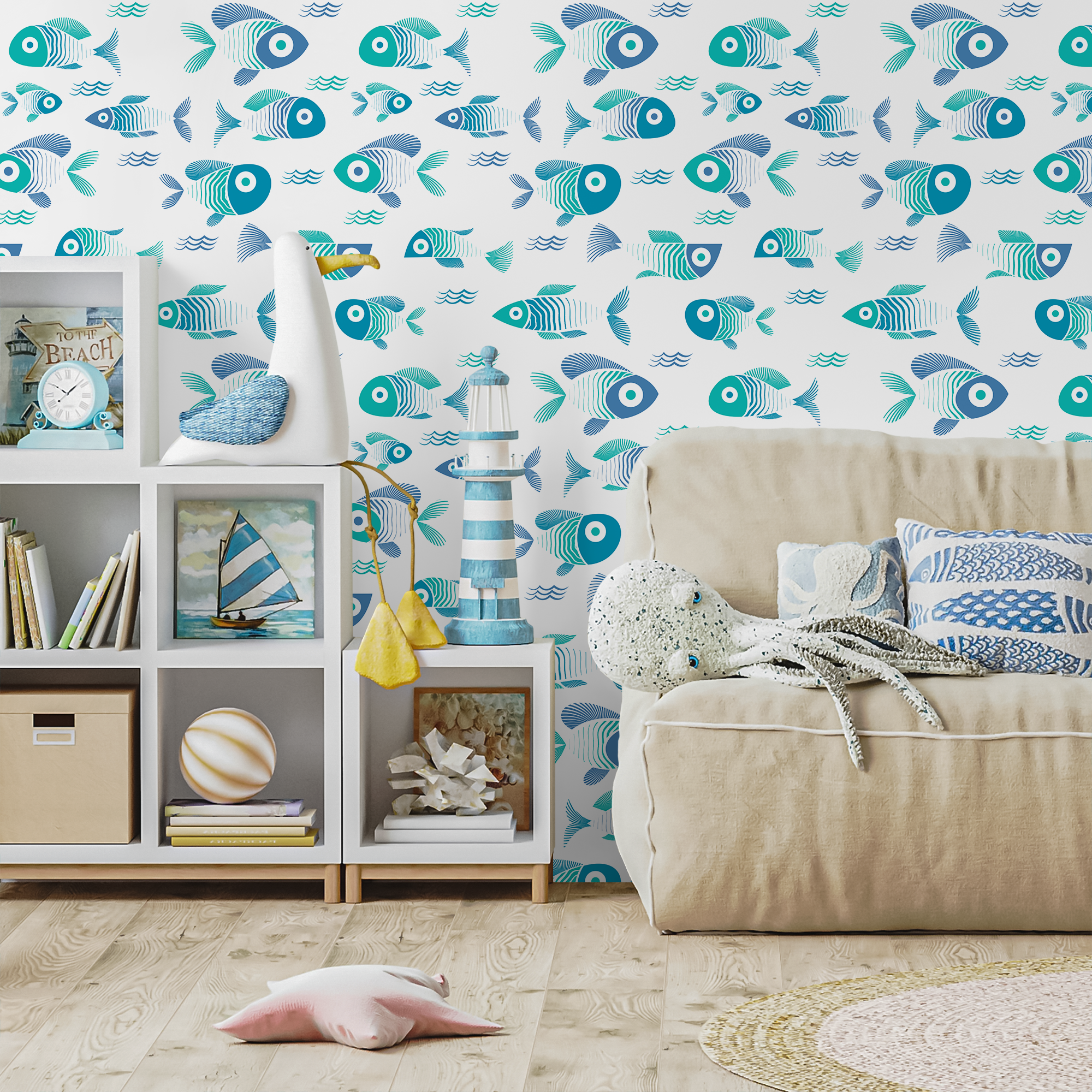 Nautical Wallpaper Featuring A School Of Fish In Blue And Teal - C467