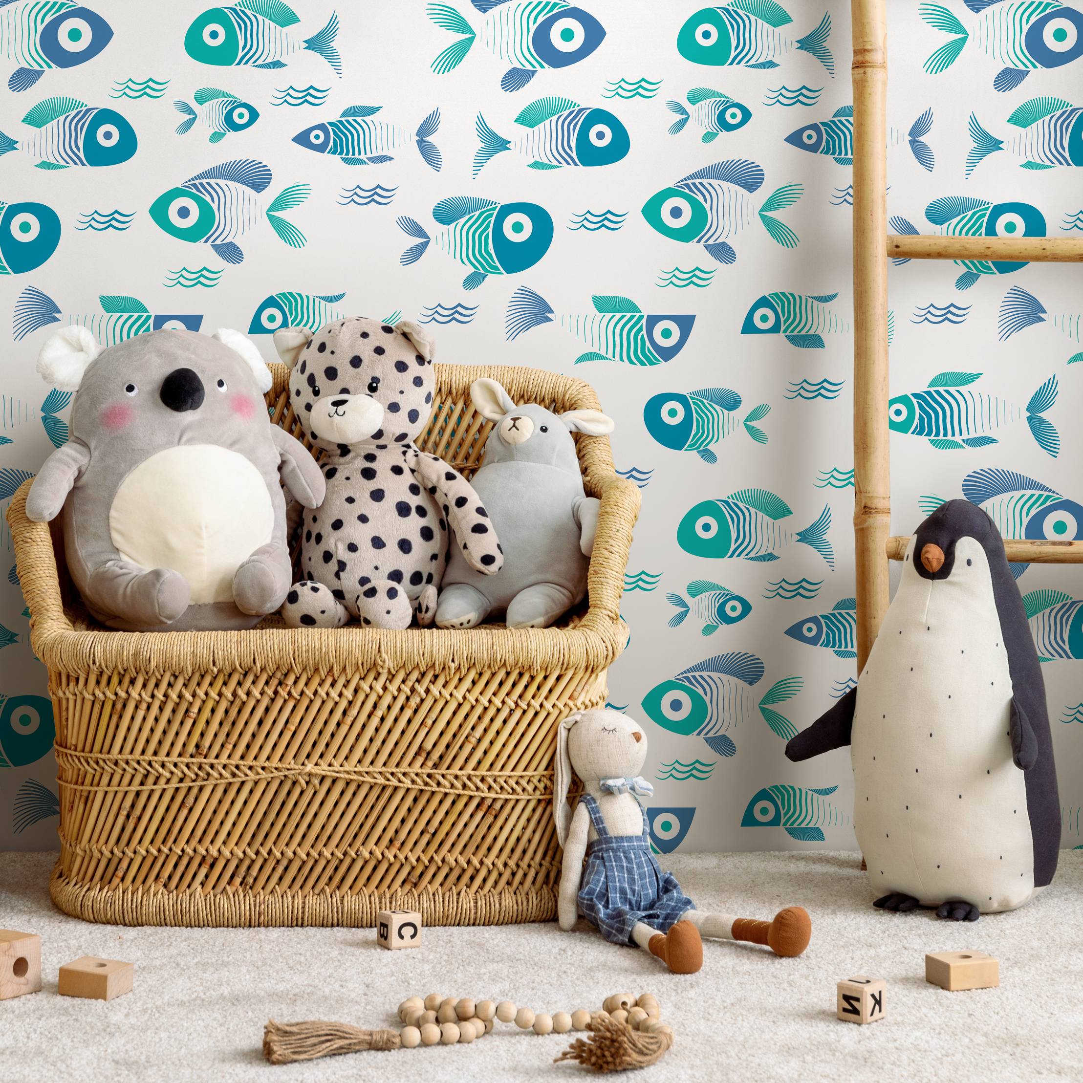Nautical Wallpaper Featuring A School Of Fish In Blue And Teal - C467