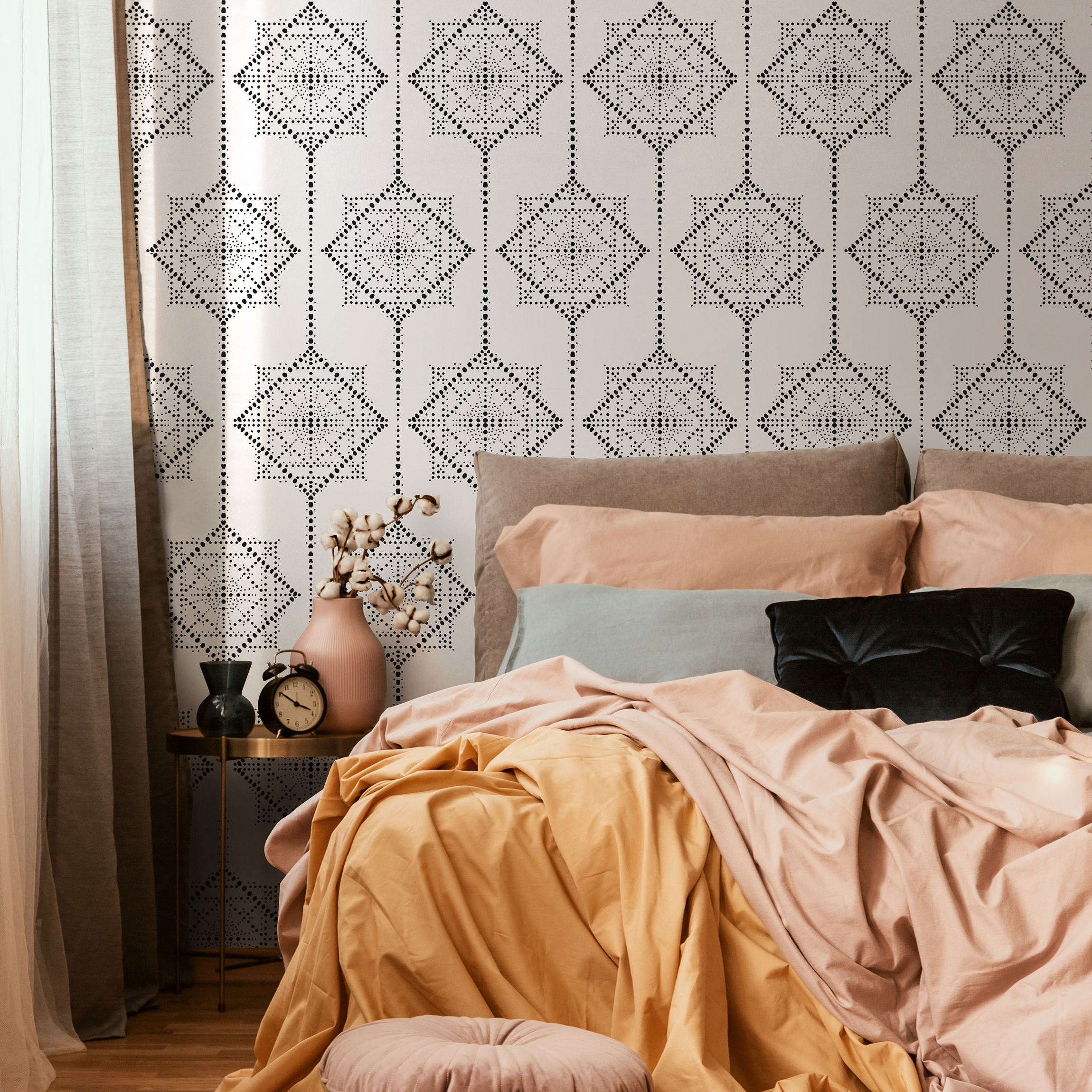 Geometric Wallpaper With Dotted Medallion Motifs In Black And White - C468