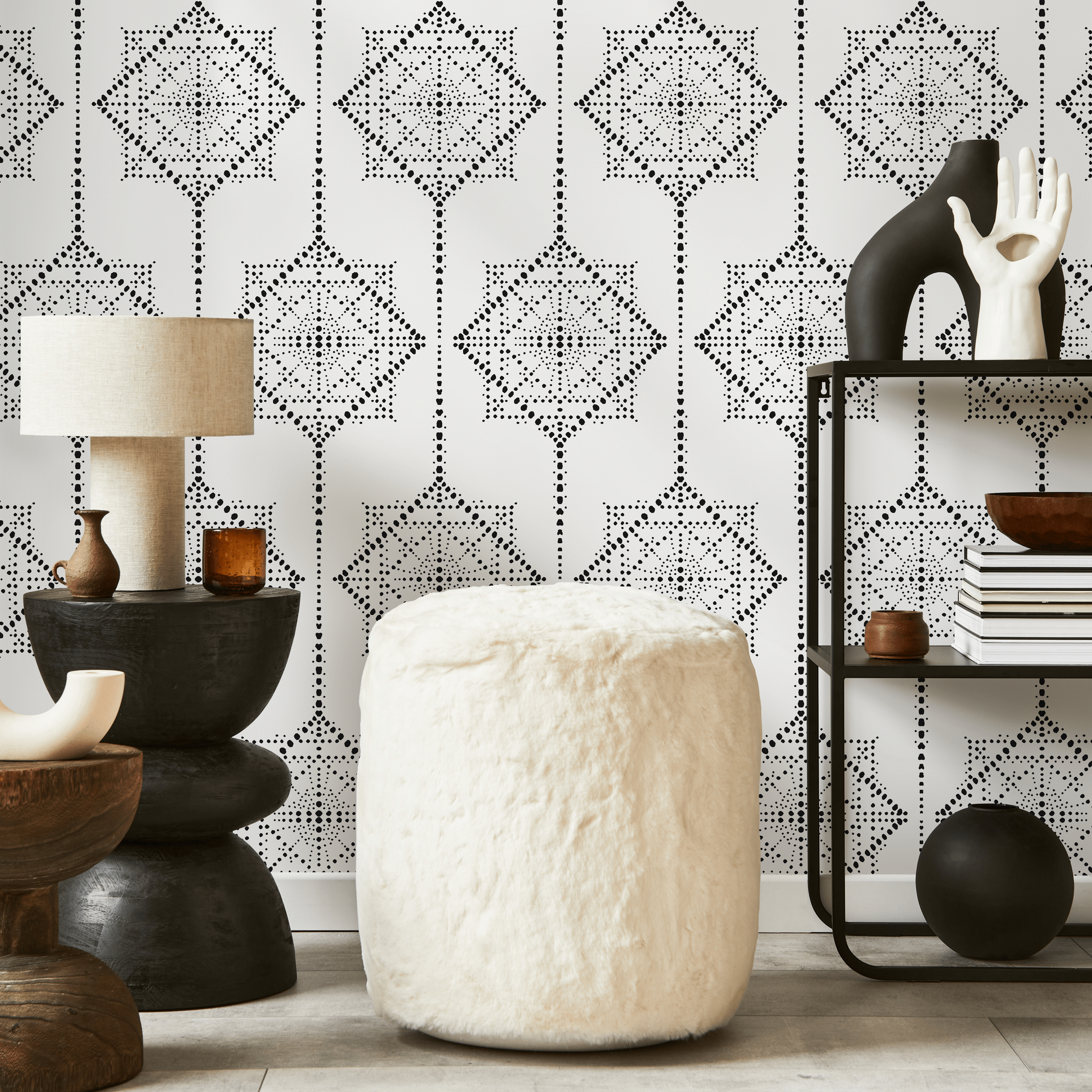 Geometric Wallpaper With Dotted Medallion Motifs In Black And White - C468