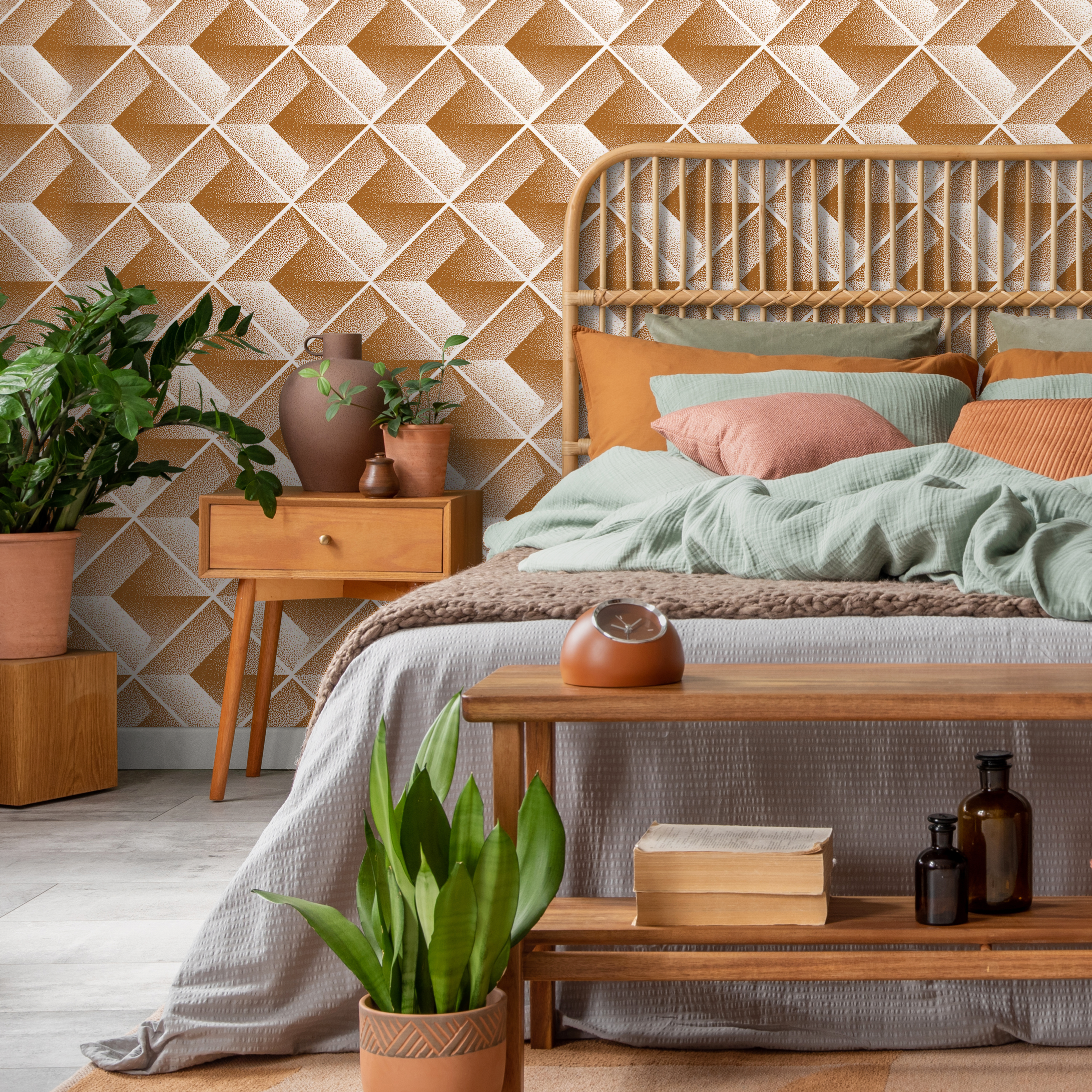 Geometric Wallpaper Featuring A 3d Cube Illusion In Copper And White - C469