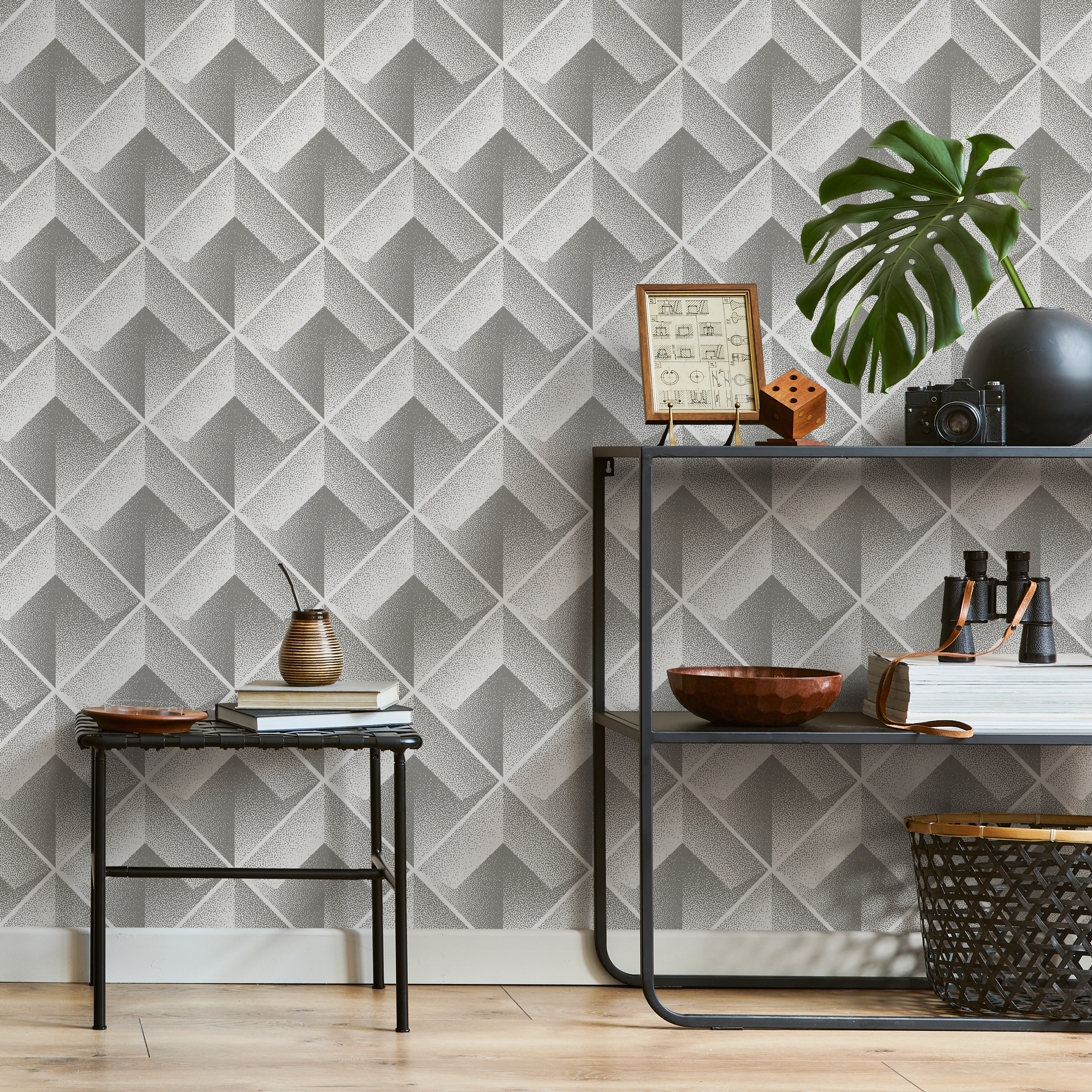 Geometric Wallpaper With A 3d Stippled Cube Motif In Grey And White - C470