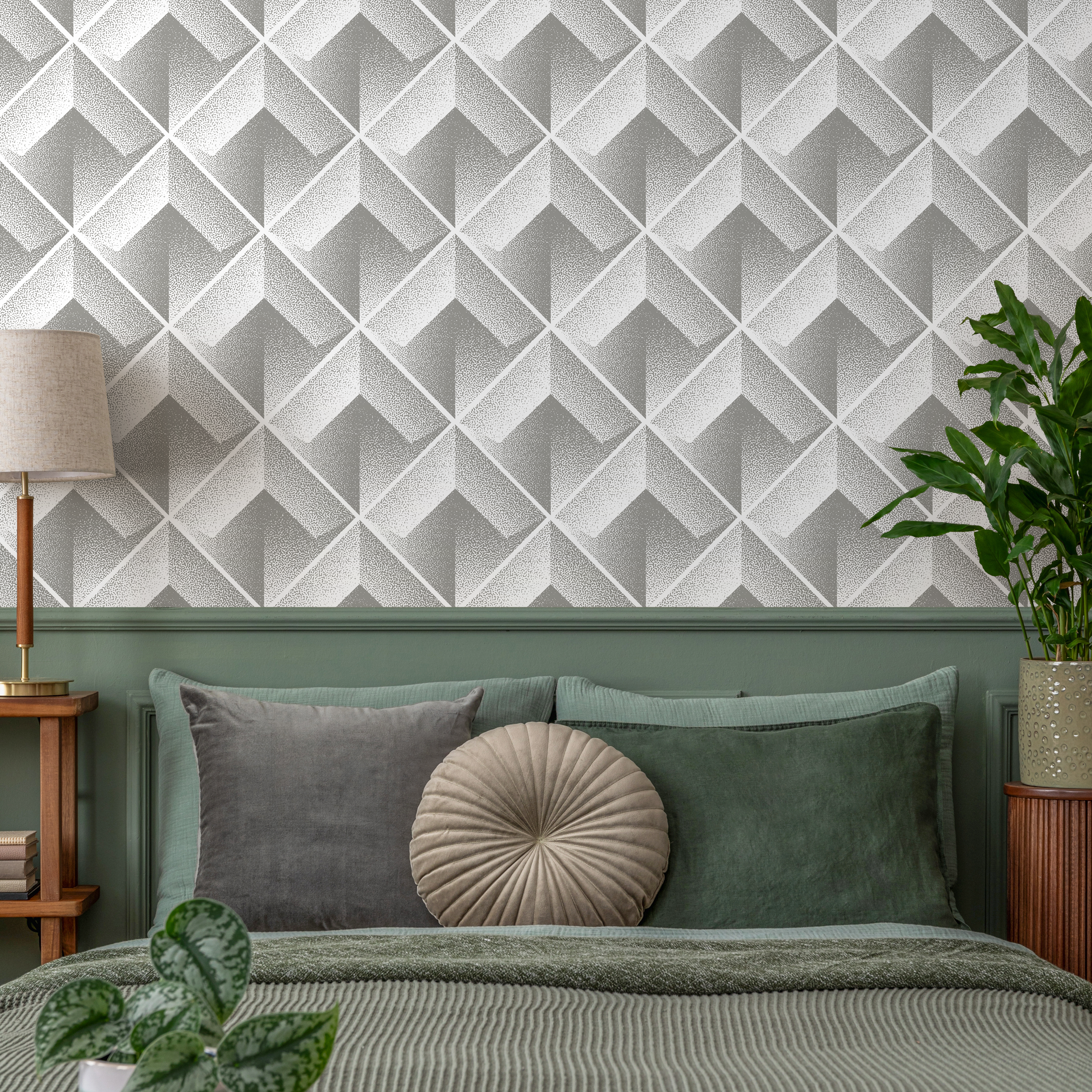 Geometric Wallpaper With A 3d Stippled Cube Motif In Grey And White - C470