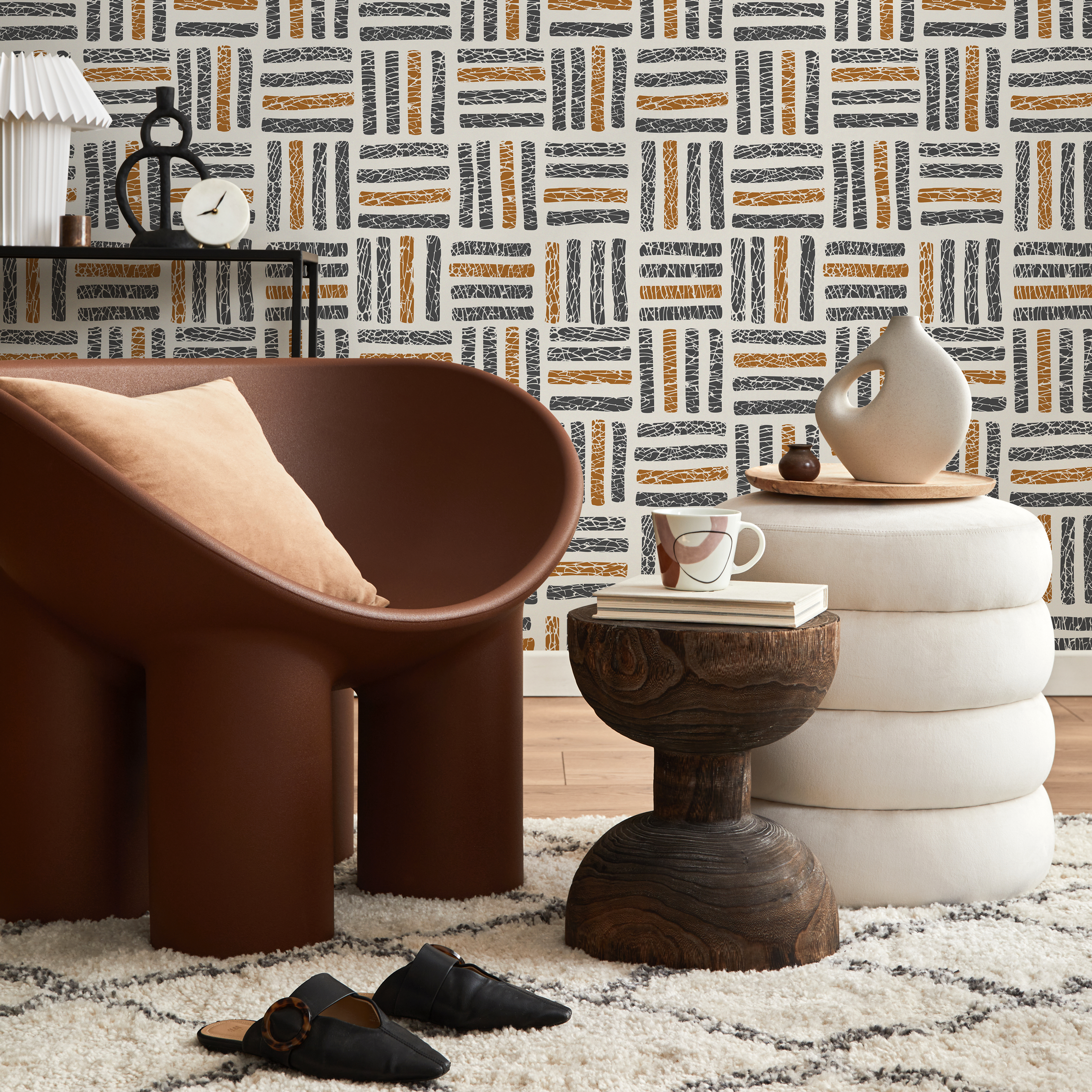Geometric Wallpaper With A Textured Basketweave Motif In Black And Brown - C471