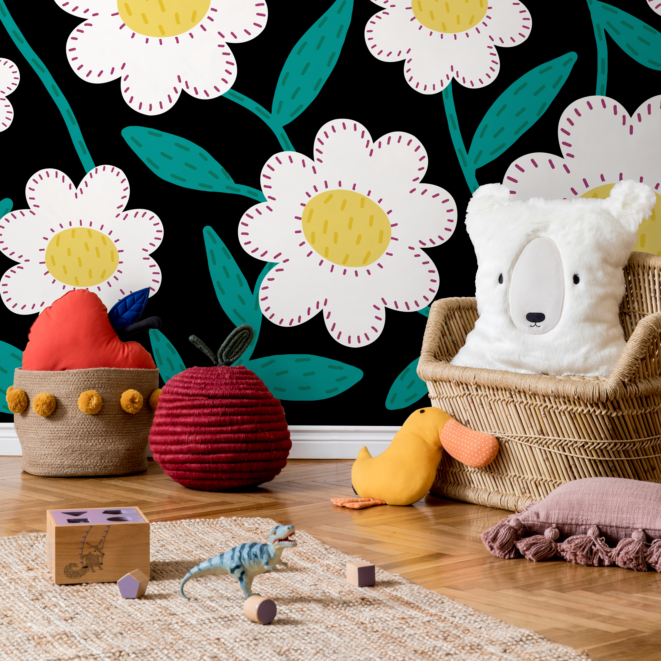 Floral Wallpaper With Stitched Daisy Flowers In Black, Teal, And Yellow - C472