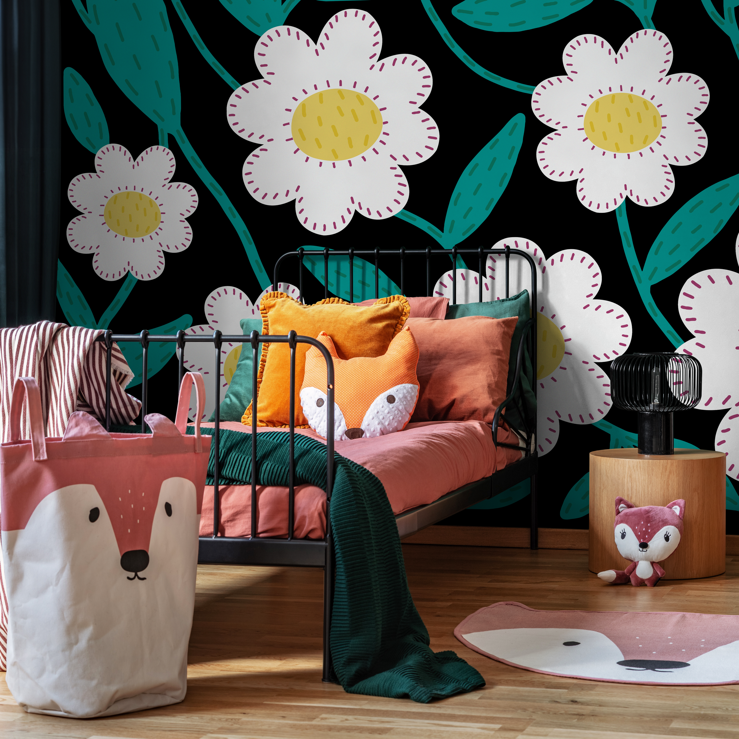 Floral Wallpaper With Stitched Daisy Flowers In Black, Teal, And Yellow - C472