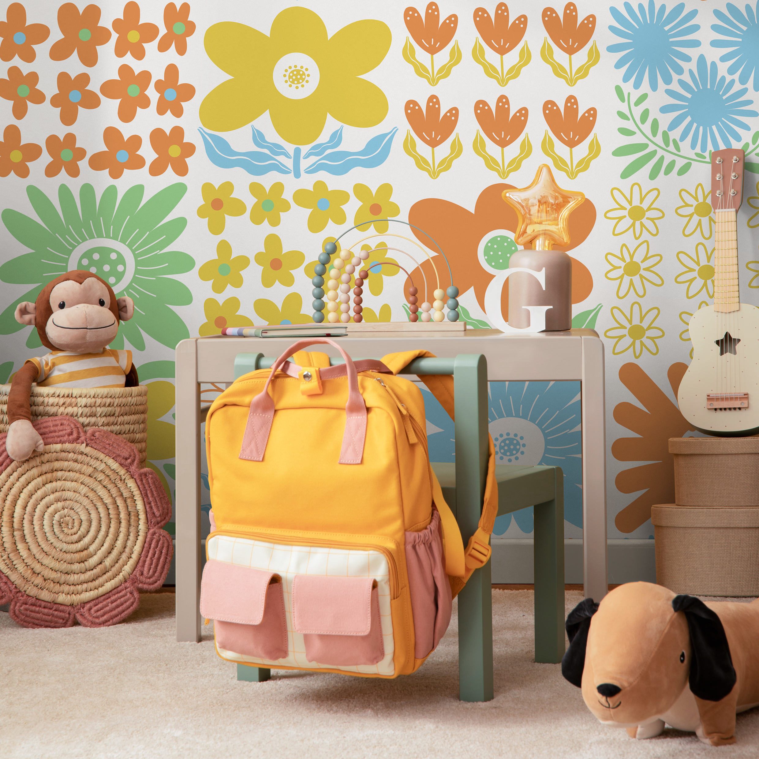 Floral Wallpaper With A Retro Block Print Motif In Orange, Blue, And Yellow - C473