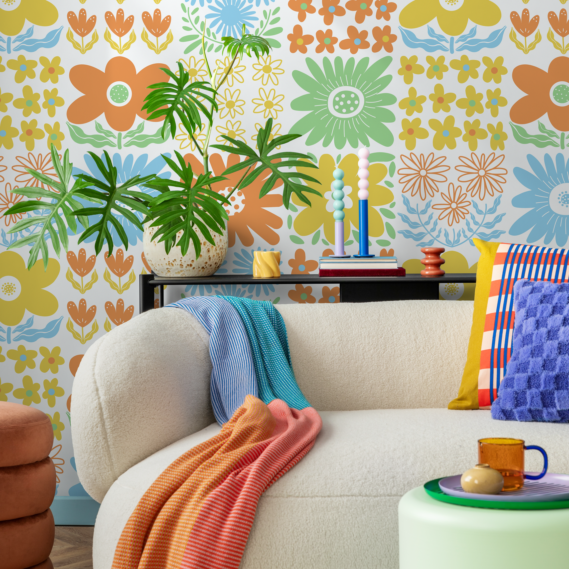 Floral Wallpaper With A Retro Block Print Motif In Orange, Blue, And Yellow - C473