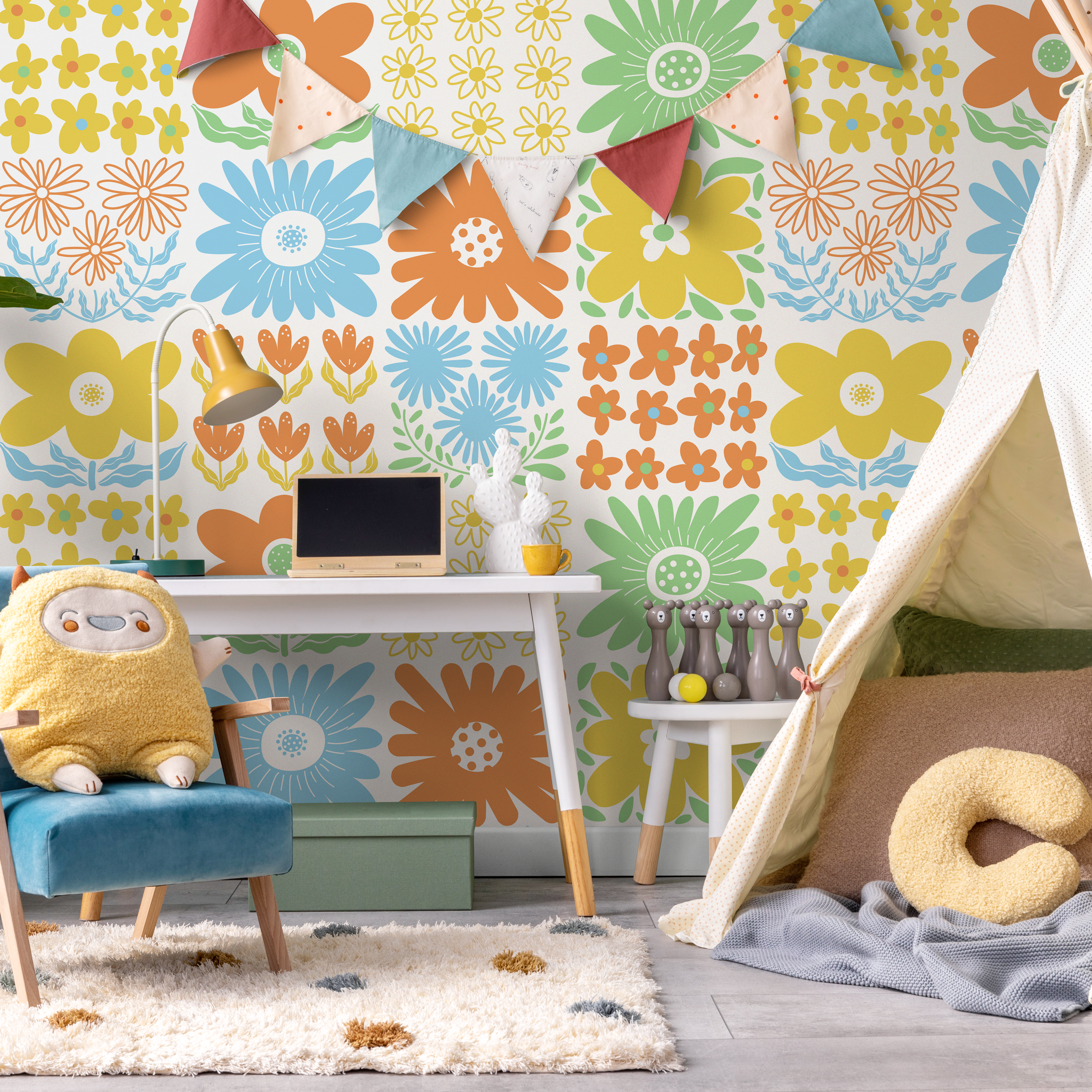 Floral Wallpaper With A Retro Block Print Motif In Orange, Blue, And Yellow - C473