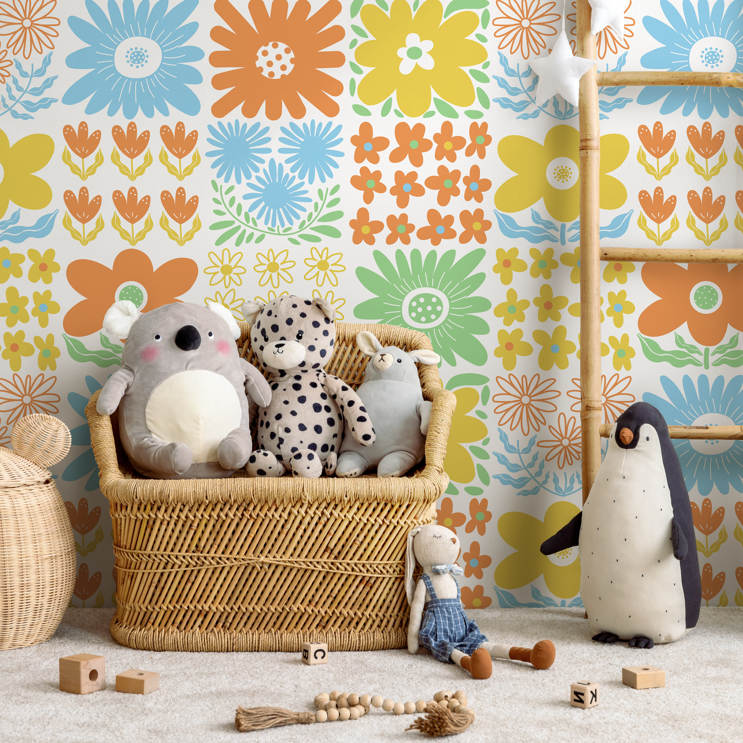 Floral Wallpaper With A Retro Block Print Motif In Orange, Blue, And Yellow - C473