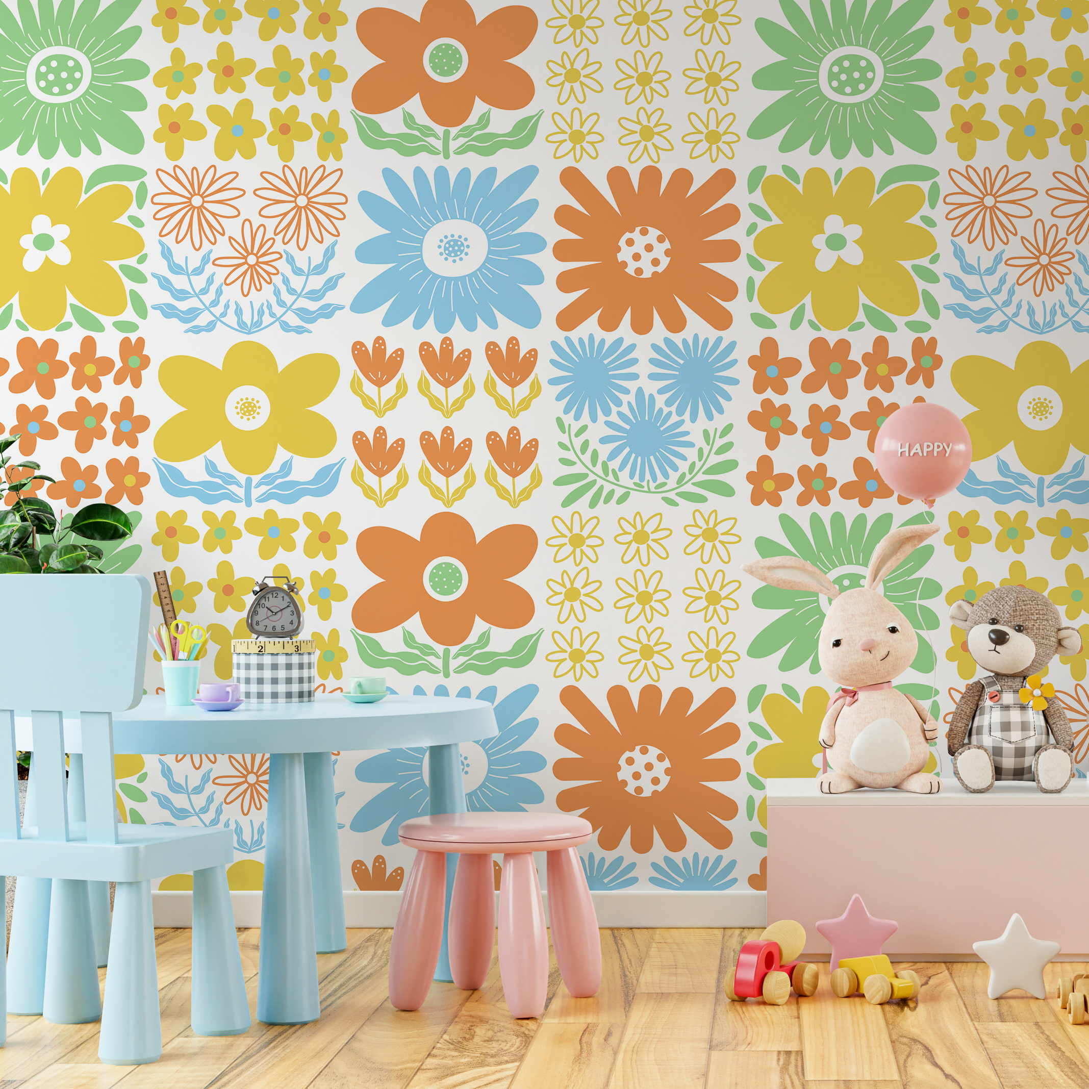 Floral Wallpaper With A Retro Block Print Motif In Orange, Blue, And Yellow - C473