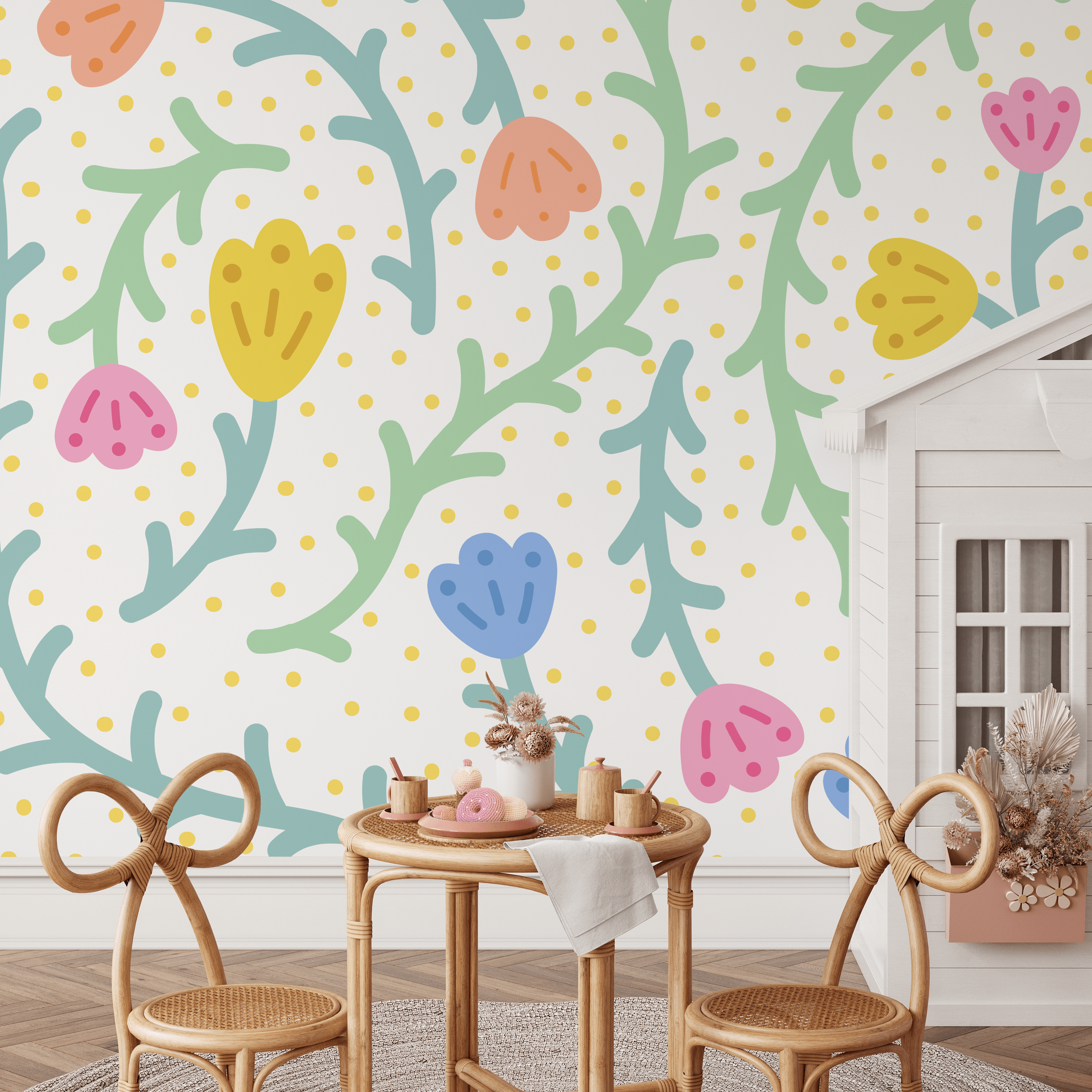 Kids Wallpaper With Abstract Flowers And Dots In Yellow, Blue, And Pink - C474