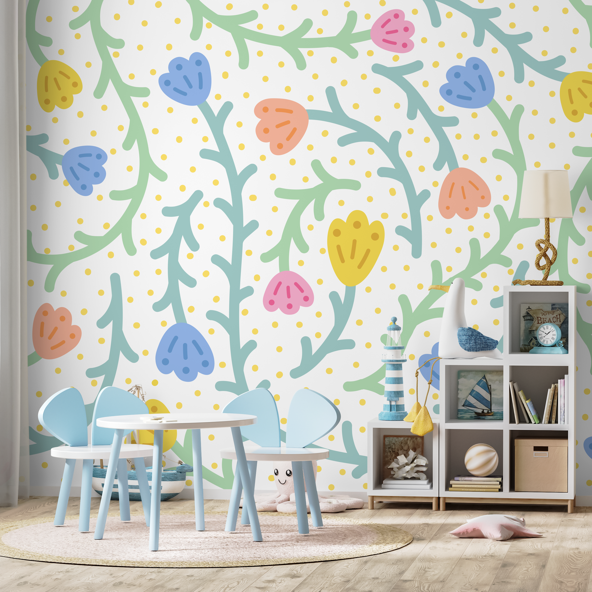 Kids Wallpaper With Abstract Flowers And Dots In Yellow, Blue, And Pink - C474