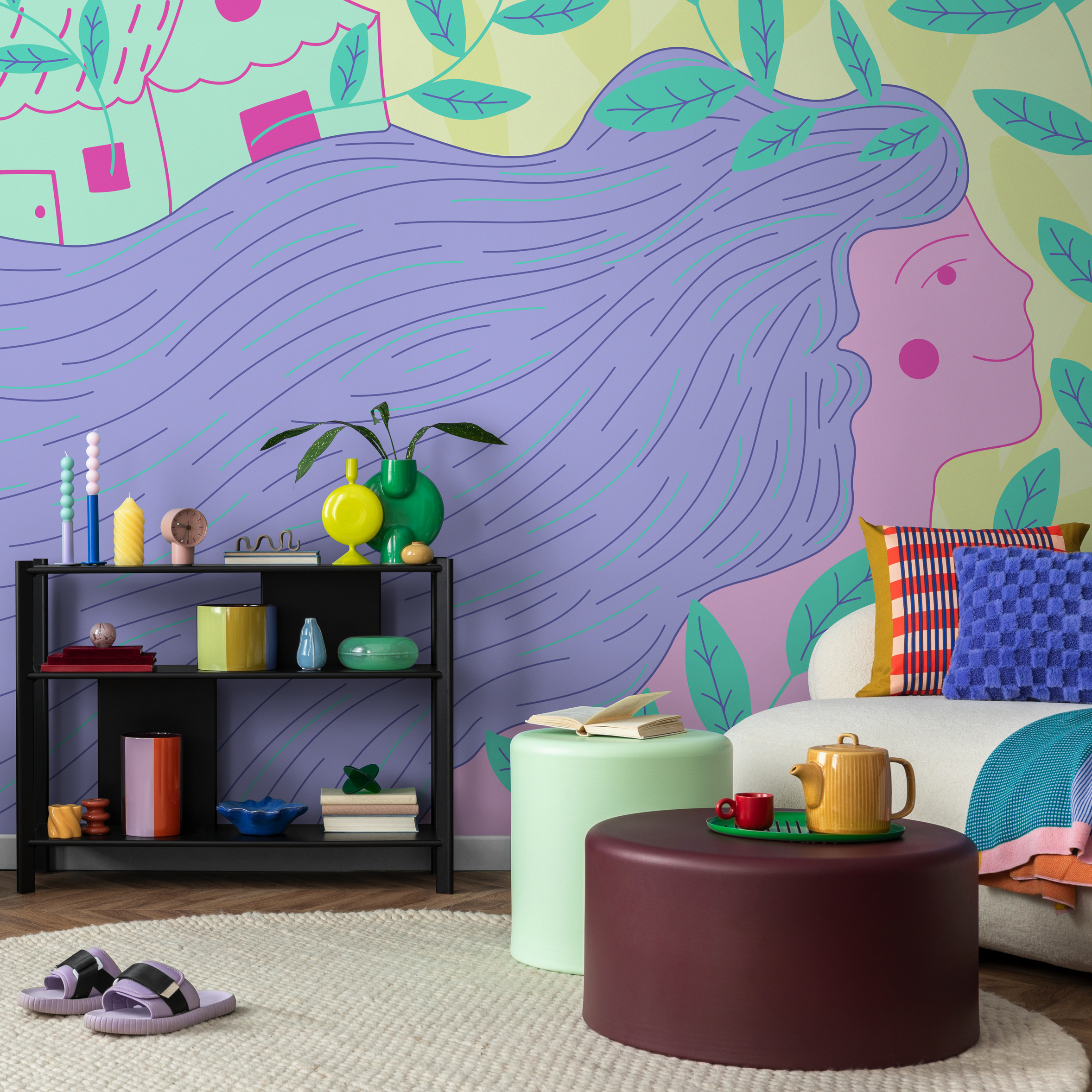 Illustrative Wallpaper With A Stylized Woman In Purple, Pink, And Green - C475