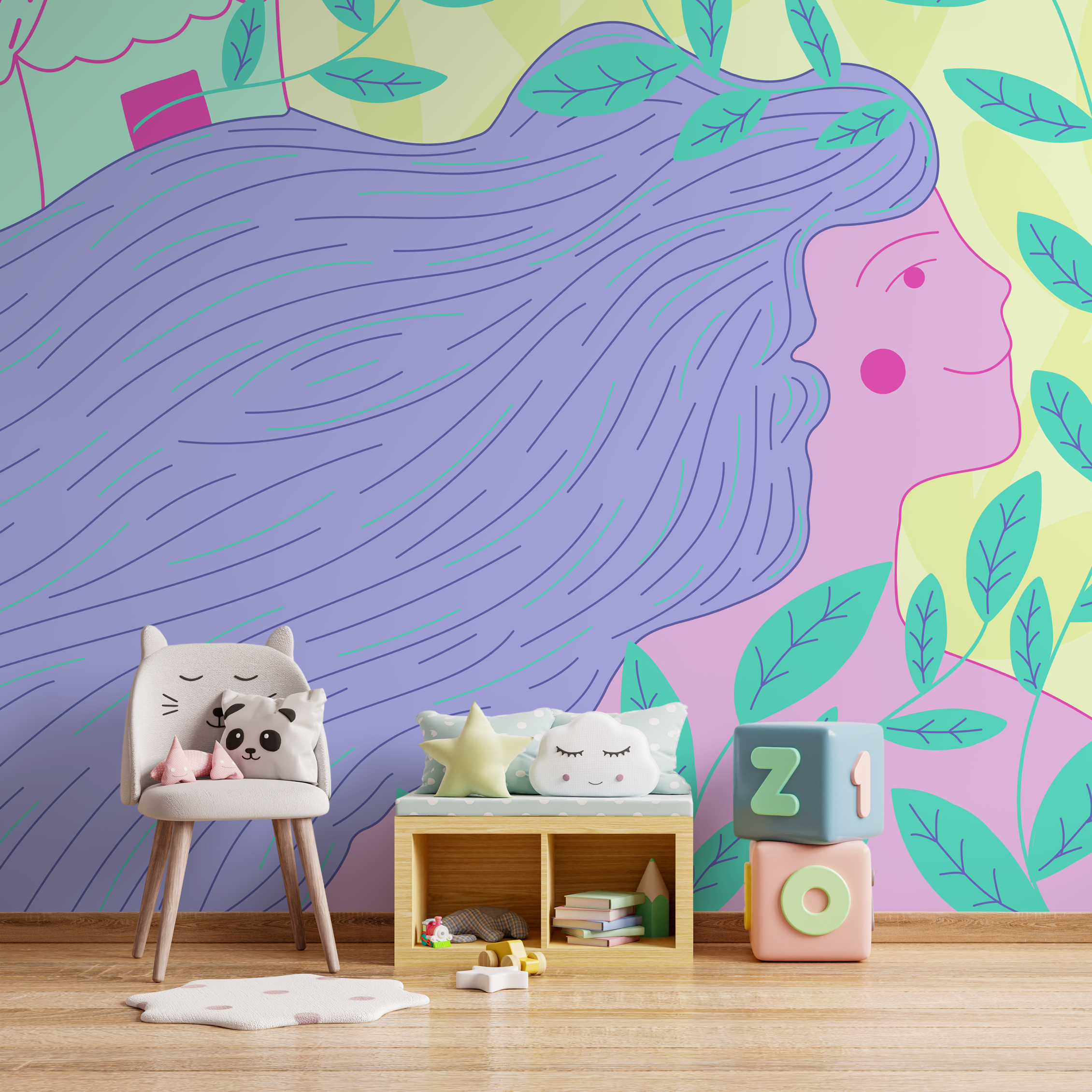 Illustrative Wallpaper With A Stylized Woman In Purple, Pink, And Green - C475