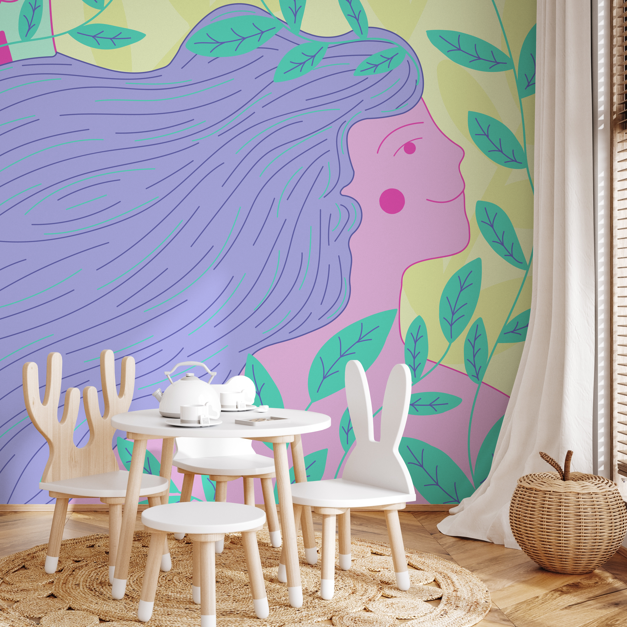 Illustrative Wallpaper With A Stylized Woman In Purple, Pink, And Green - C475