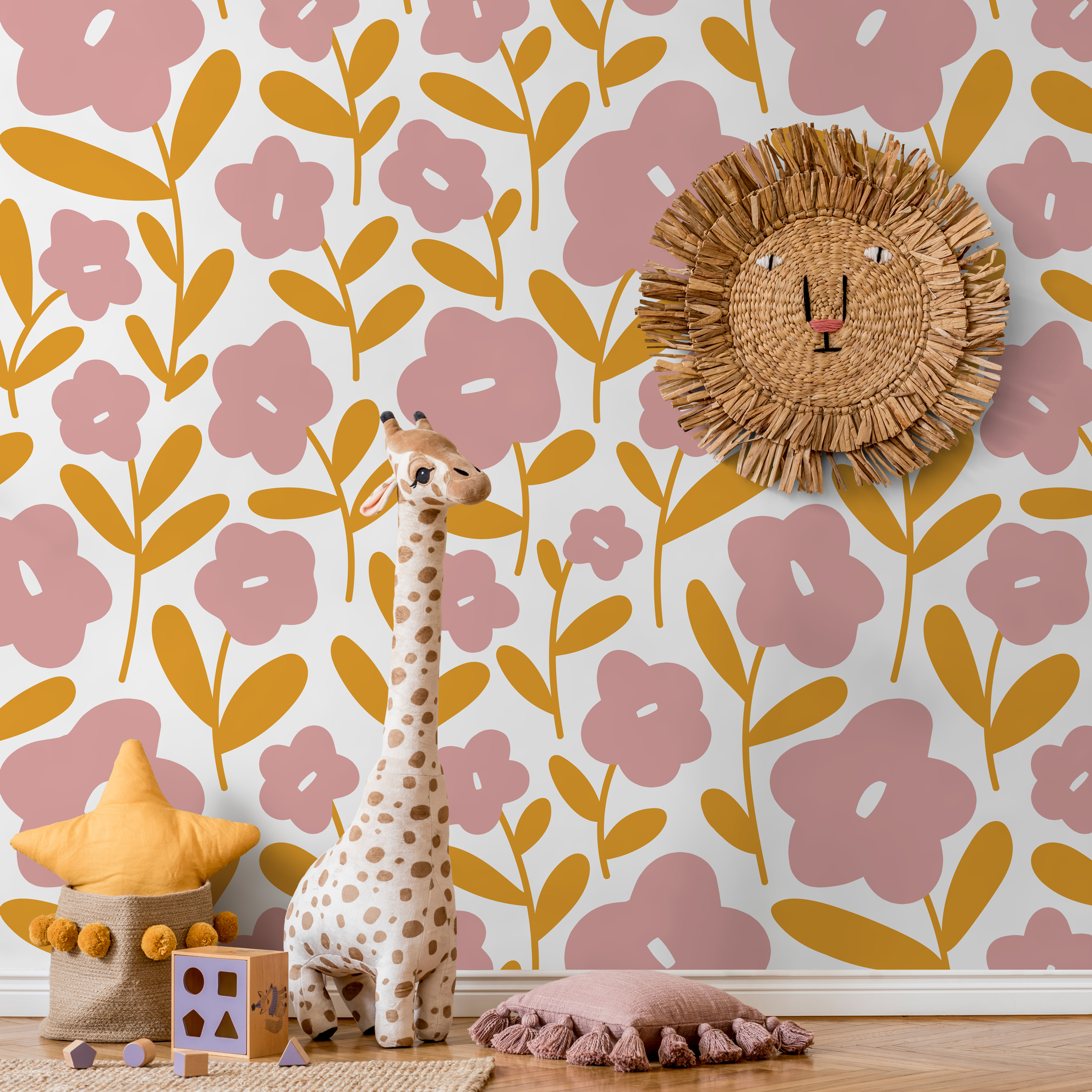 Floral Wallpaper Featuring Stylized Flowers In Pink And Yellow - C476