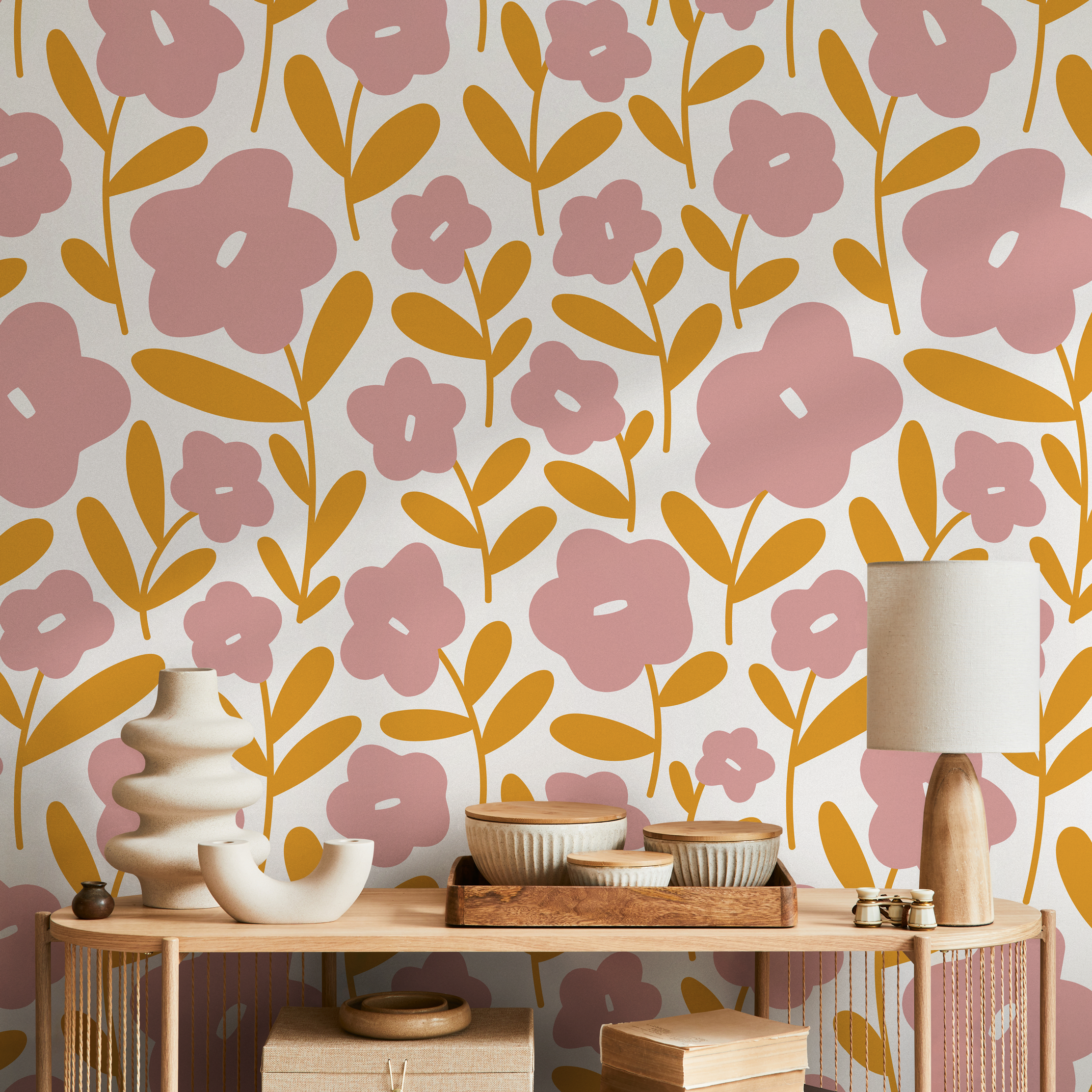 Floral Wallpaper Featuring Stylized Flowers In Pink And Yellow - C476