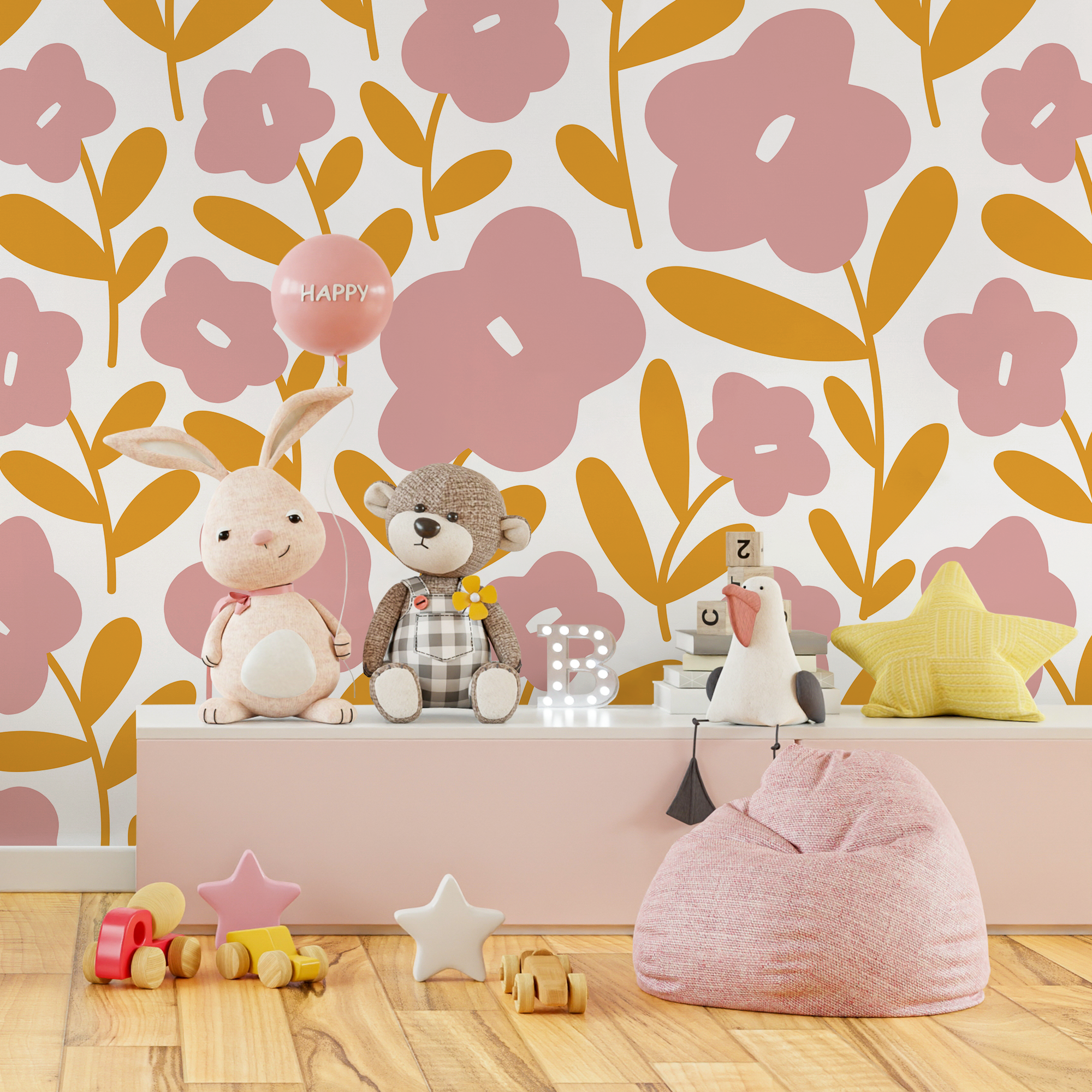 Floral Wallpaper Featuring Stylized Flowers In Pink And Yellow - C476